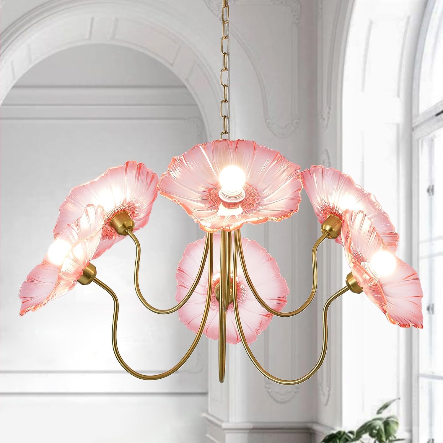 6-Light Pink Lotus Leaf Glass Chandelier – Artistic Brass Pendant Light with Tri-Color Dimming