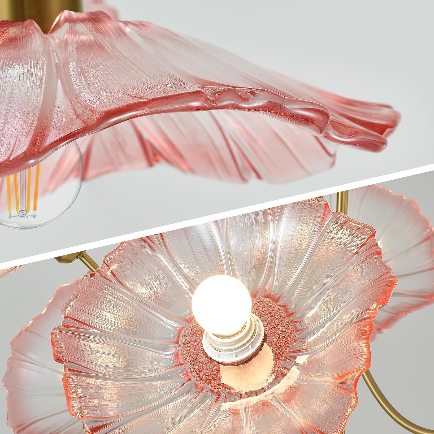 6-Light Pink Lotus Leaf Glass Chandelier – Artistic Brass Pendant Light with Tri-Color Dimming