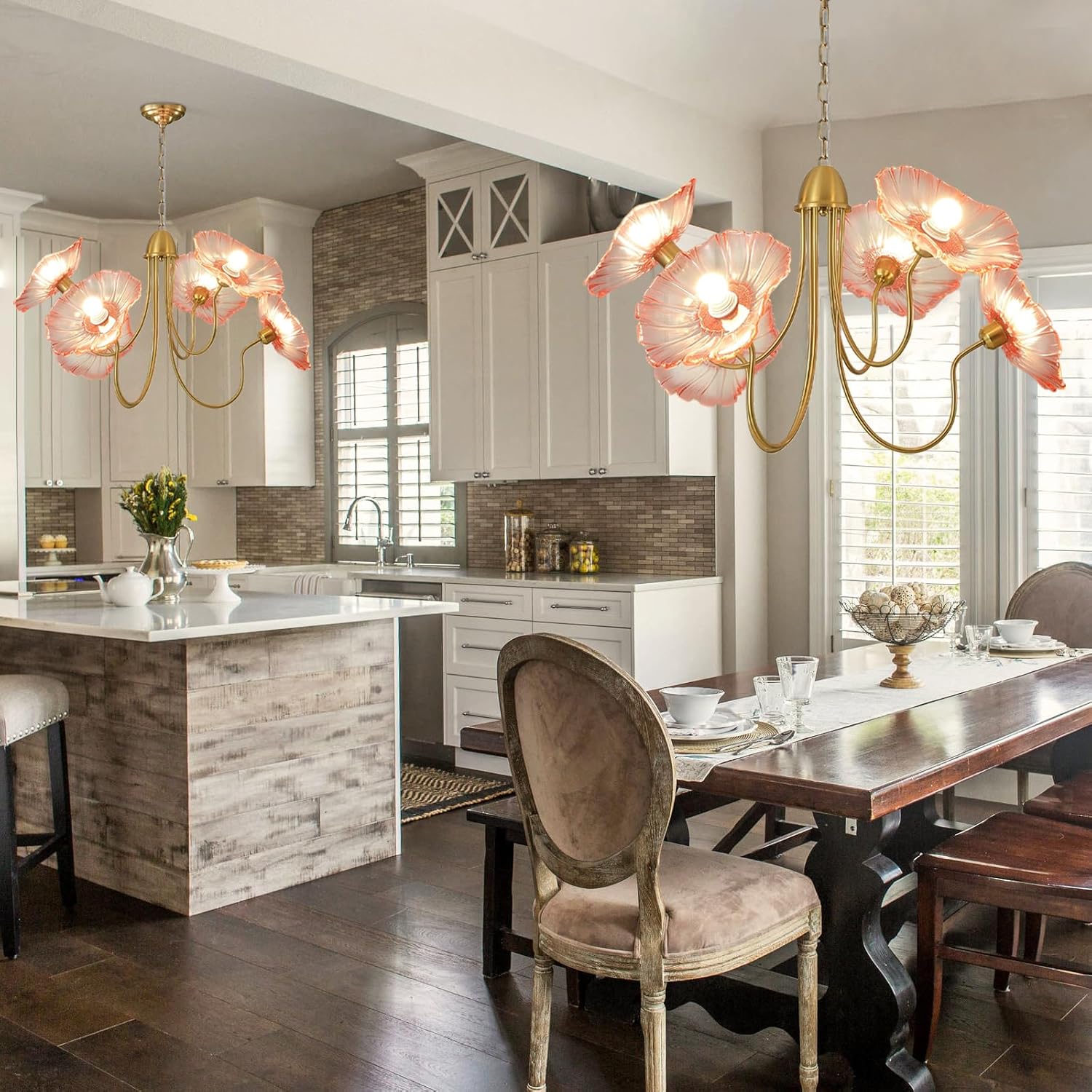 6-Light Pink Lotus Leaf Glass Chandelier – Artistic Brass Pendant Light with Tri-Color Dimming