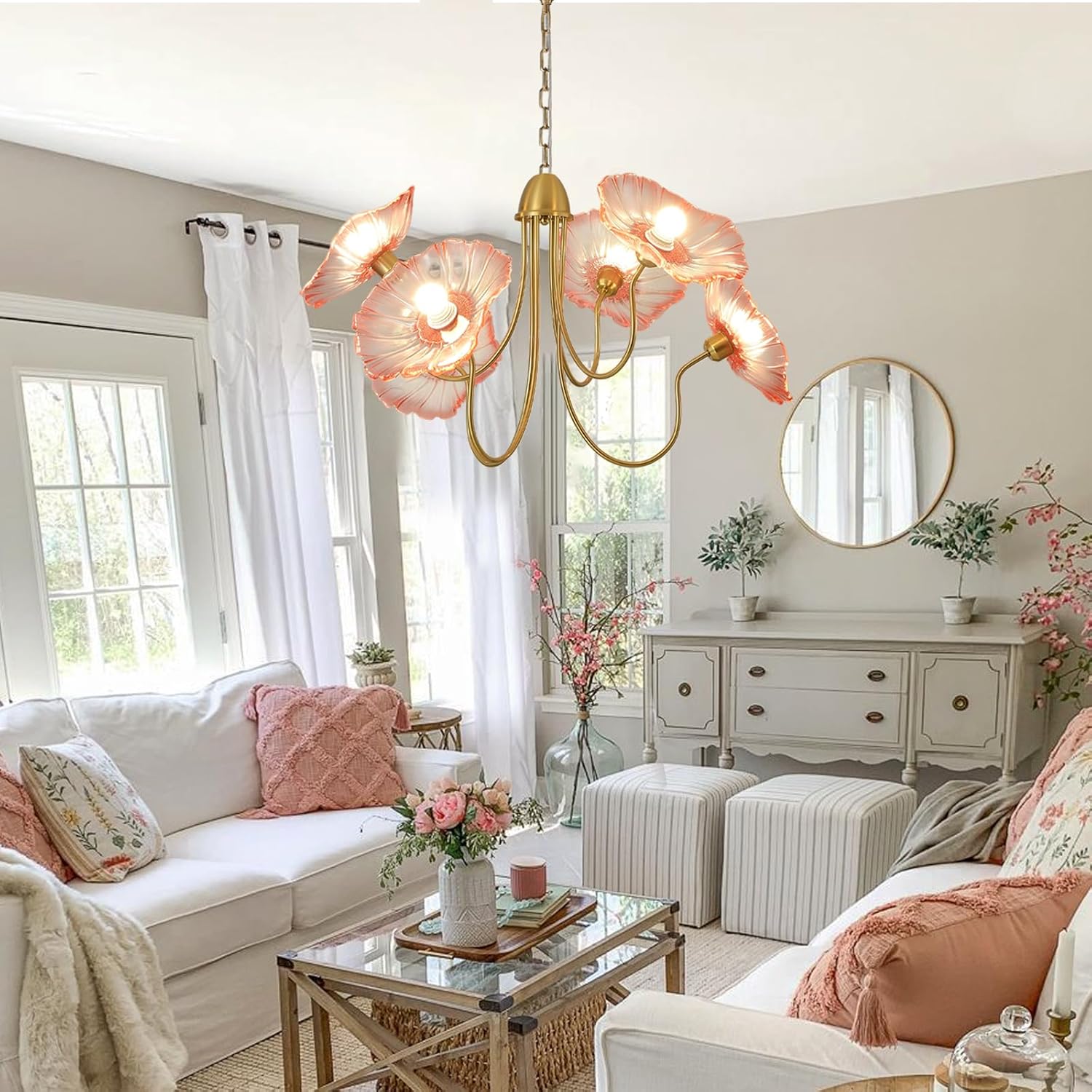 6-Light Pink Lotus Leaf Glass Chandelier – Artistic Brass Pendant Light with Tri-Color Dimming