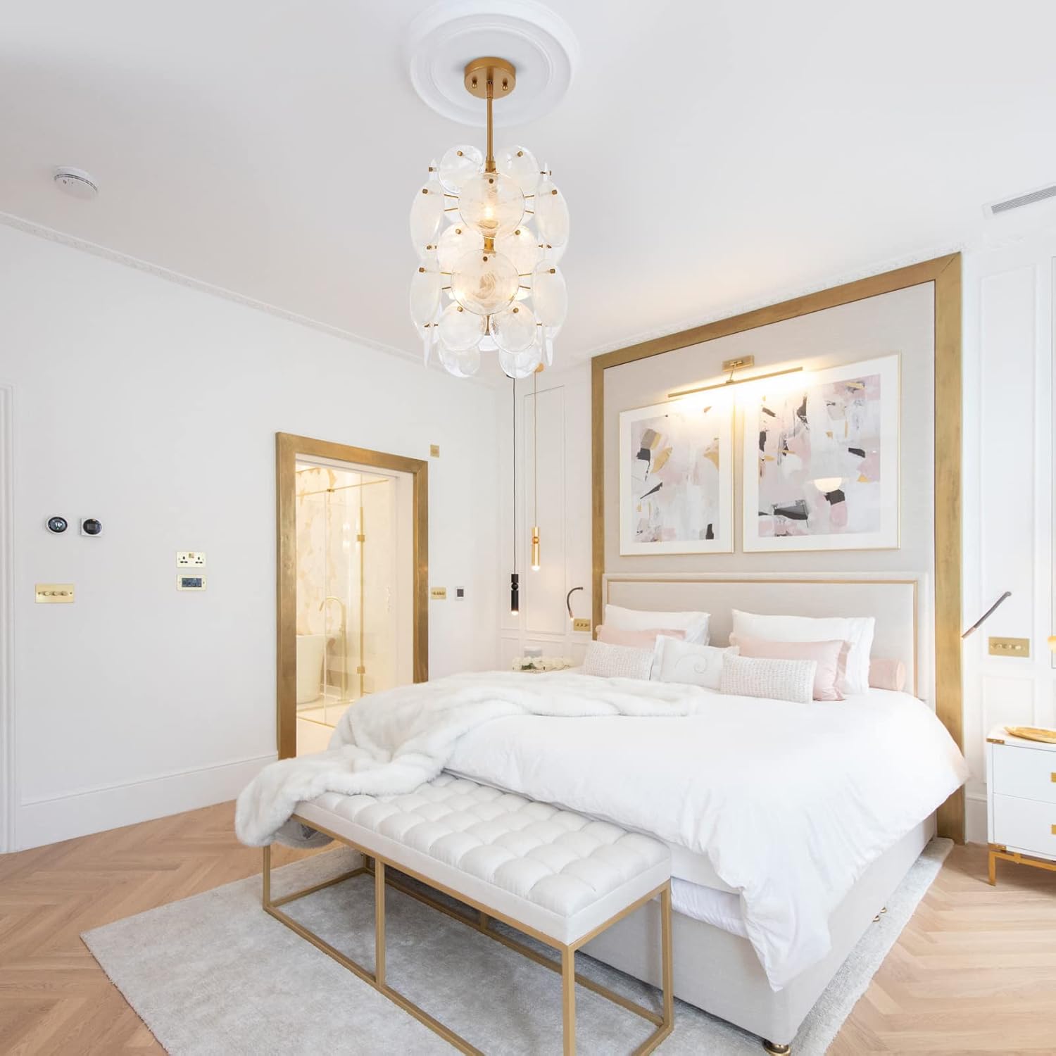 Modern Gold Pendant Light with Handblown Glass Discs – Adjustable Height G9 Socket LED Chandelier