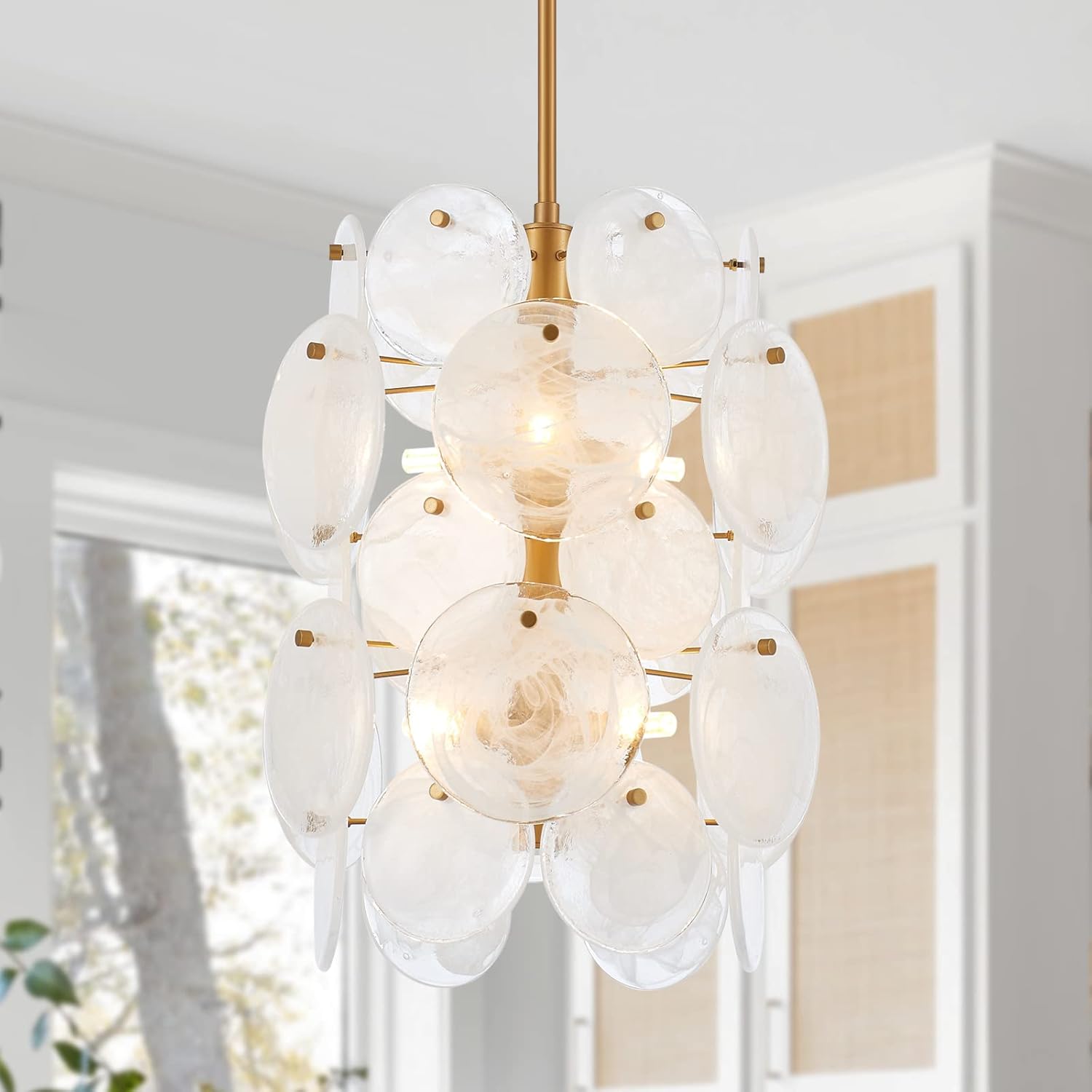 Modern Gold Pendant Light with Handblown Glass Discs – Adjustable Height G9 Socket LED Chandelier