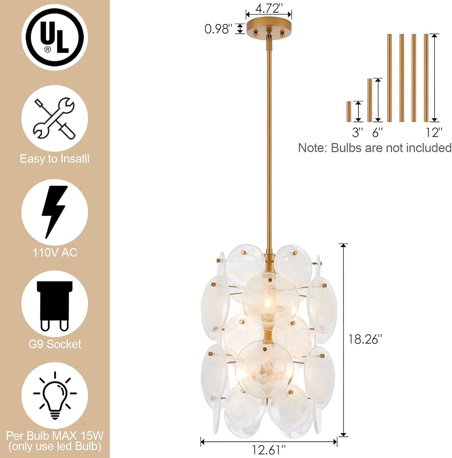 Modern Gold Pendant Light with Handblown Glass Discs – Adjustable Height G9 Socket LED Chandelier