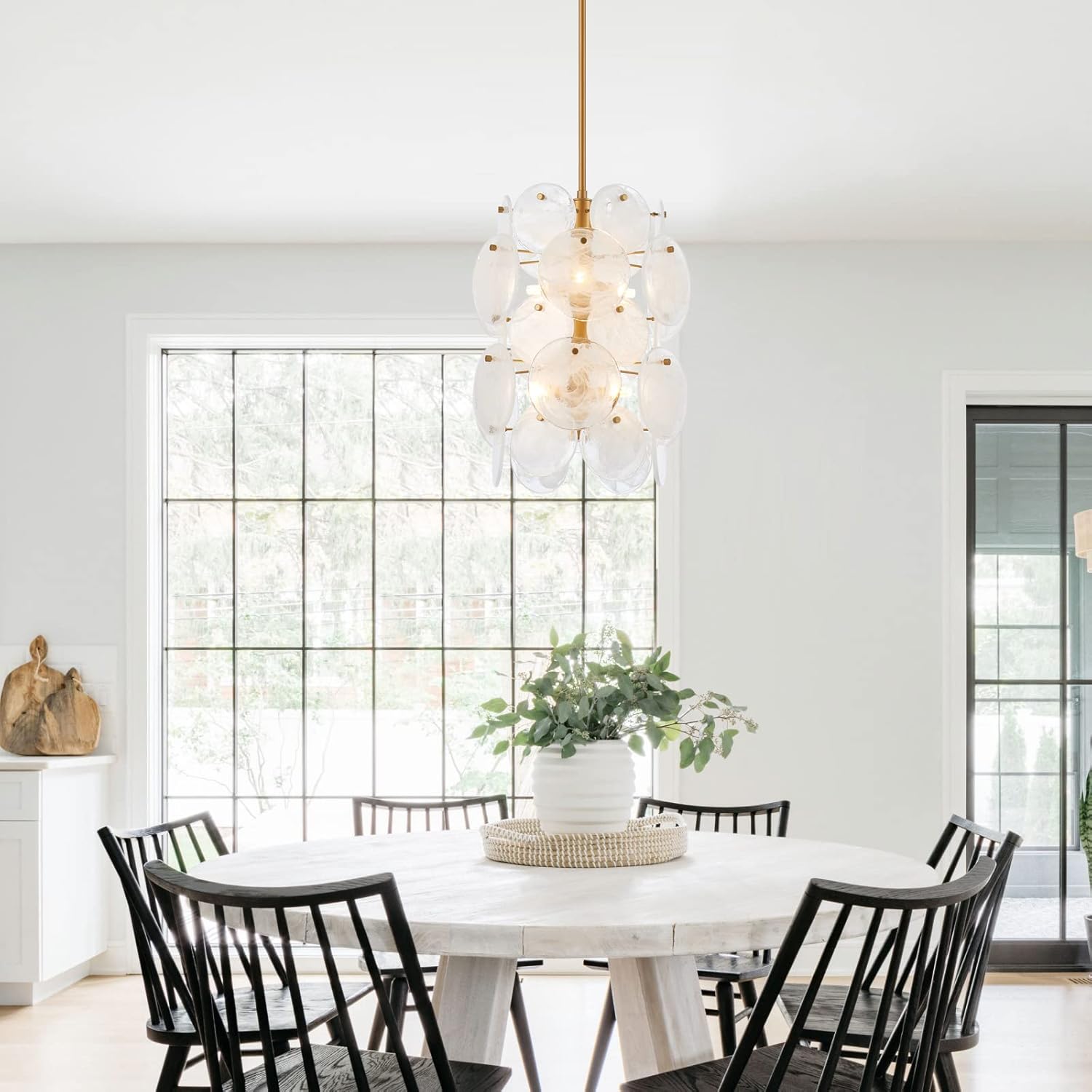 Modern Gold Pendant Light with Handblown Glass Discs – Adjustable Height G9 Socket LED Chandelier