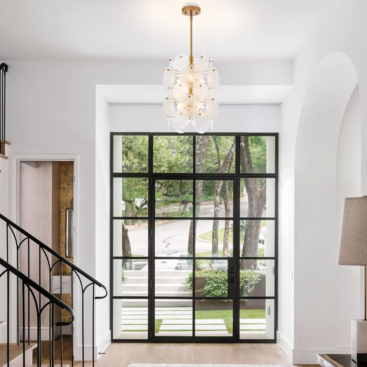 Modern Gold Pendant Light with Handblown Glass Discs – Adjustable Height G9 Socket LED Chandelier