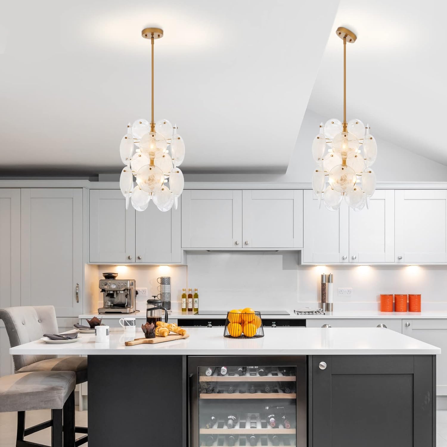 Modern Gold Pendant Light with Handblown Glass Discs – Adjustable Height G9 Socket LED Chandelier