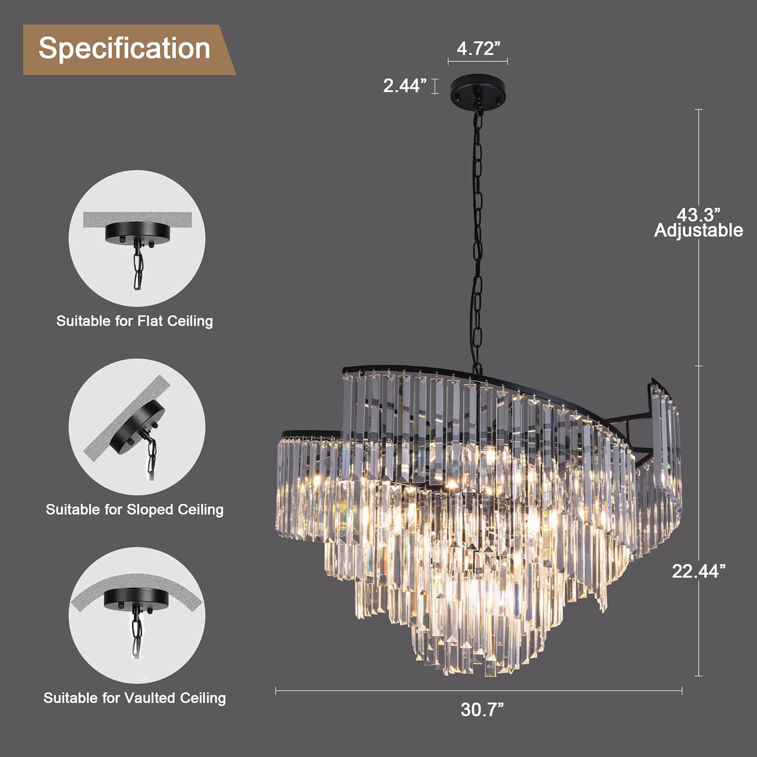 Black Spiral Tiered Crystal Chandelier for Vaulted Ceilings - Adjustable E12 Lighting