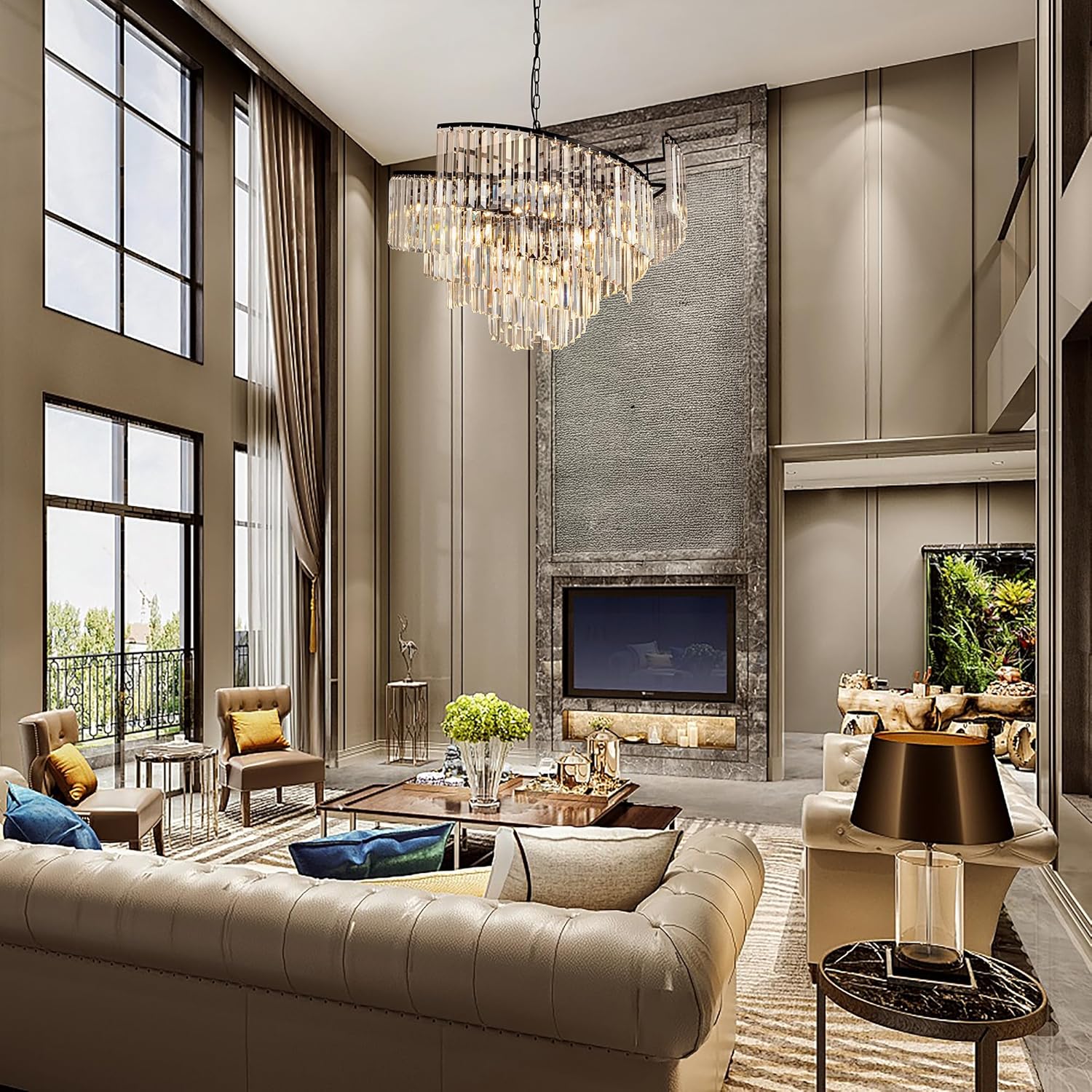 Black Spiral Tiered Crystal Chandelier for Vaulted Ceilings - Adjustable E12 Lighting