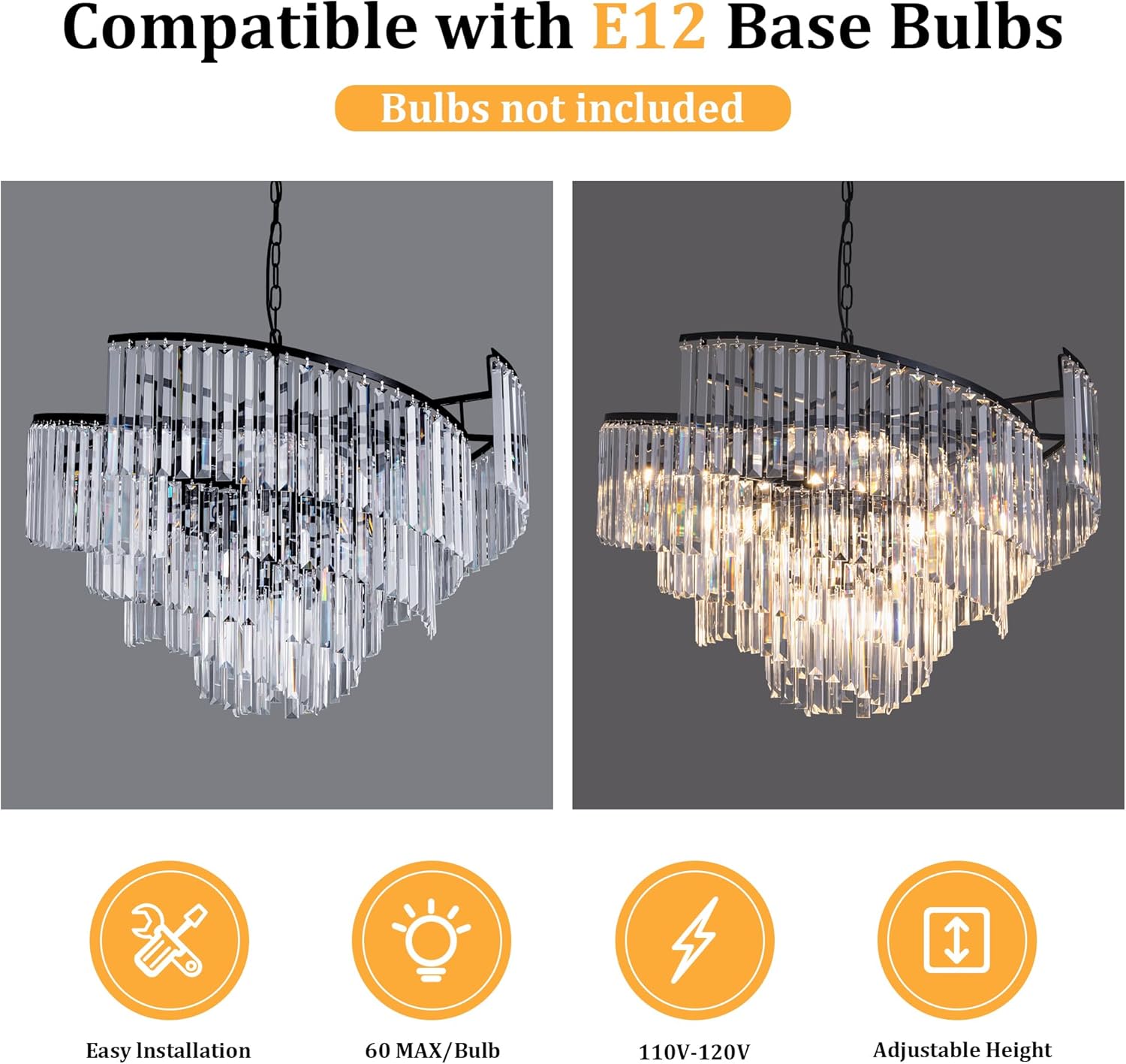 Black Spiral Tiered Crystal Chandelier for Vaulted Ceilings - Adjustable E12 Lighting