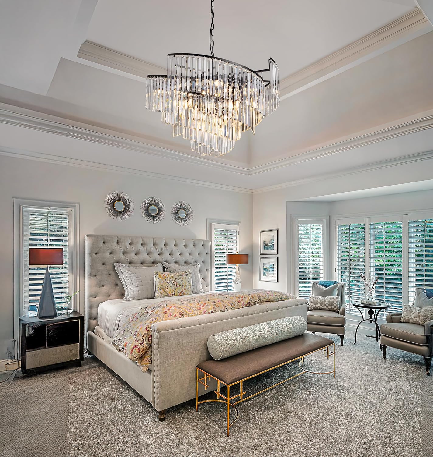 Black Spiral Tiered Crystal Chandelier for Vaulted Ceilings - Adjustable E12 Lighting