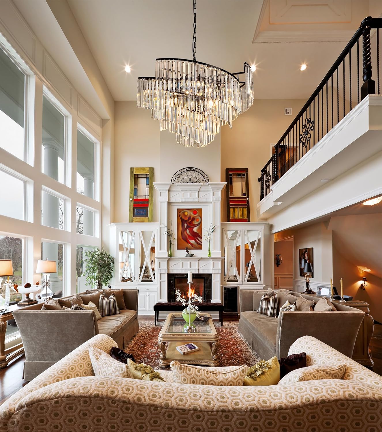 Black Spiral Tiered Crystal Chandelier for Vaulted Ceilings - Adjustable E12 Lighting