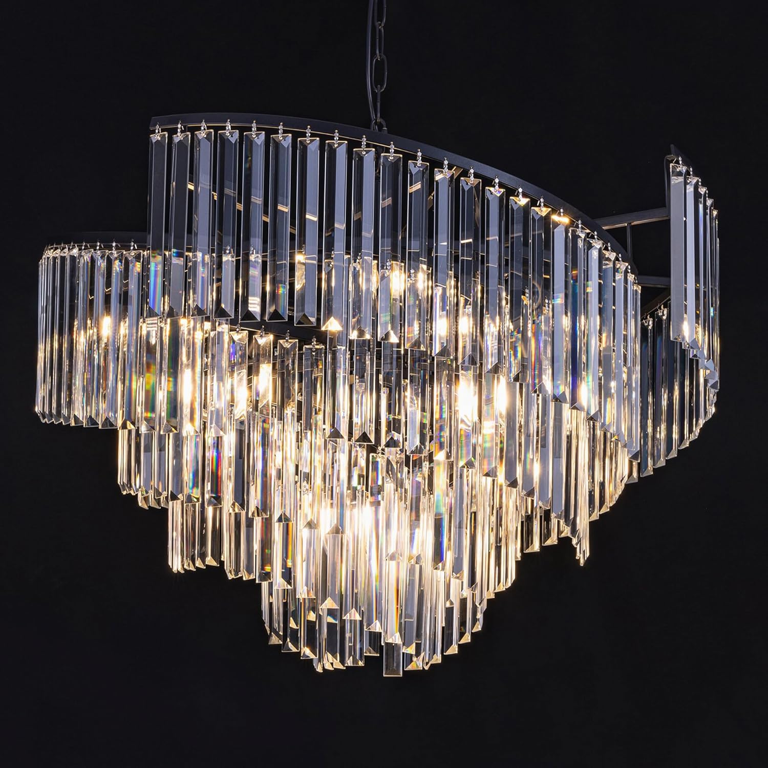 Black Spiral Tiered Crystal Chandelier for Vaulted Ceilings - Adjustable E12 Lighting