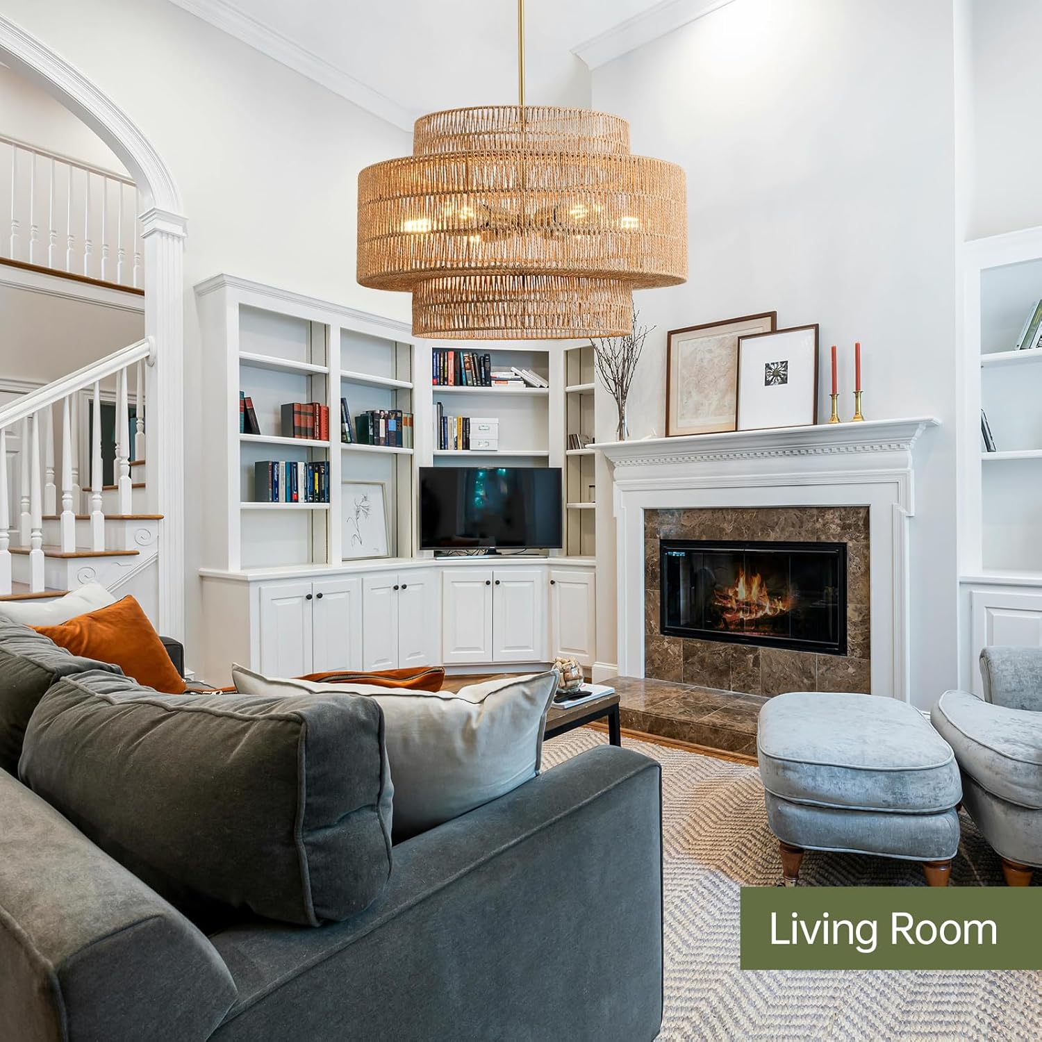 Boho Tiered Rattan Chandelier - Natural Woven Pendant Light, 6-Light E26 Fixture