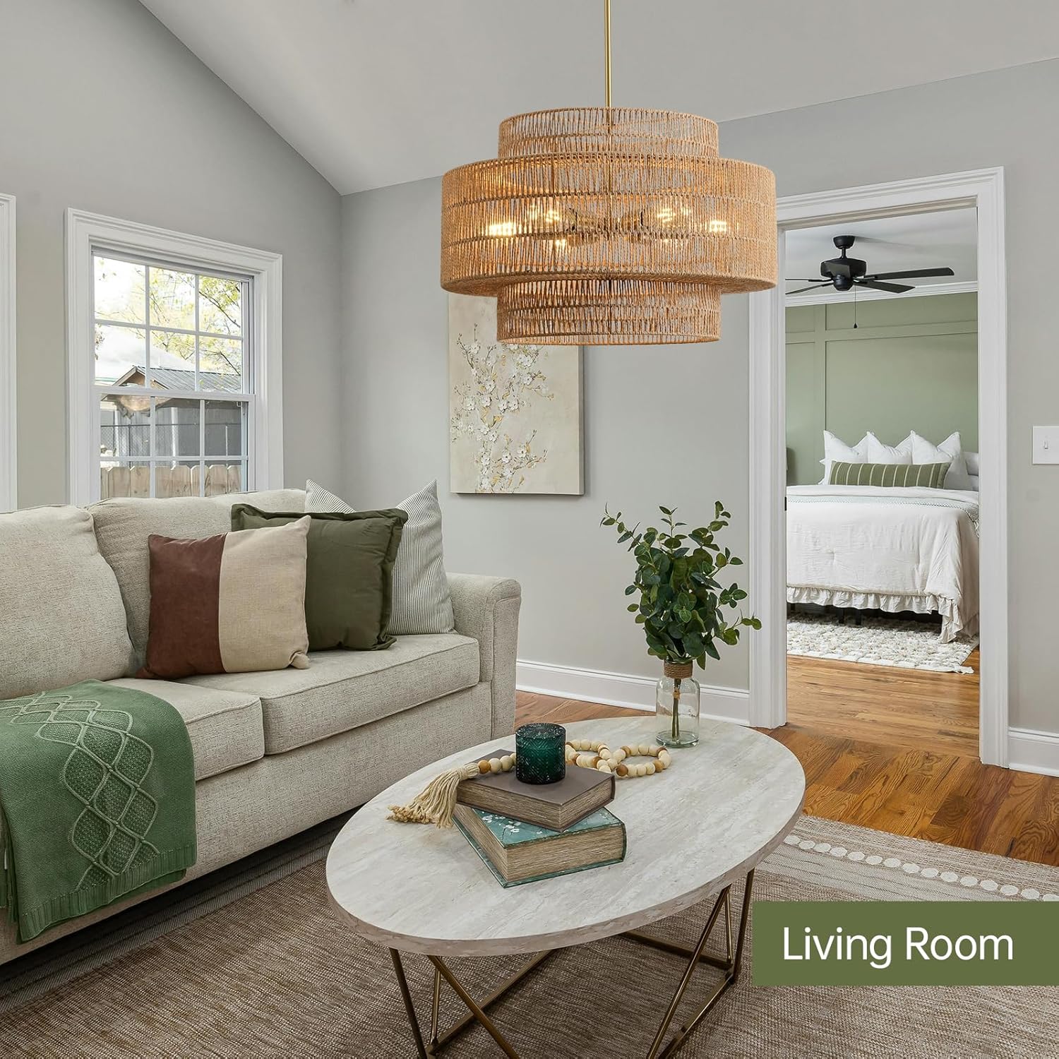 Boho Tiered Rattan Chandelier - Natural Woven Pendant Light, 6-Light E26 Fixture