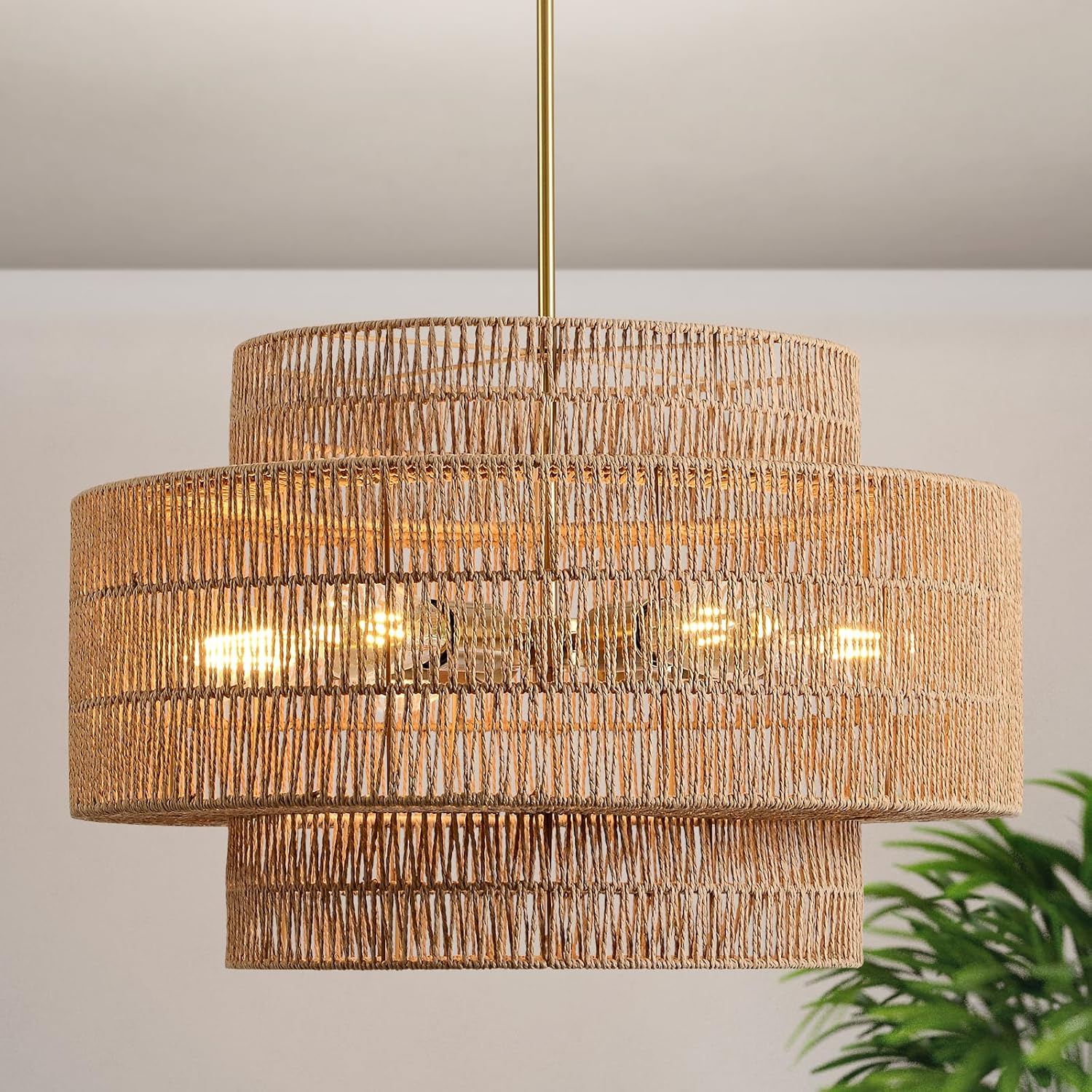 Boho Tiered Rattan Chandelier - Natural Woven Pendant Light, 6-Light E26 Fixture
