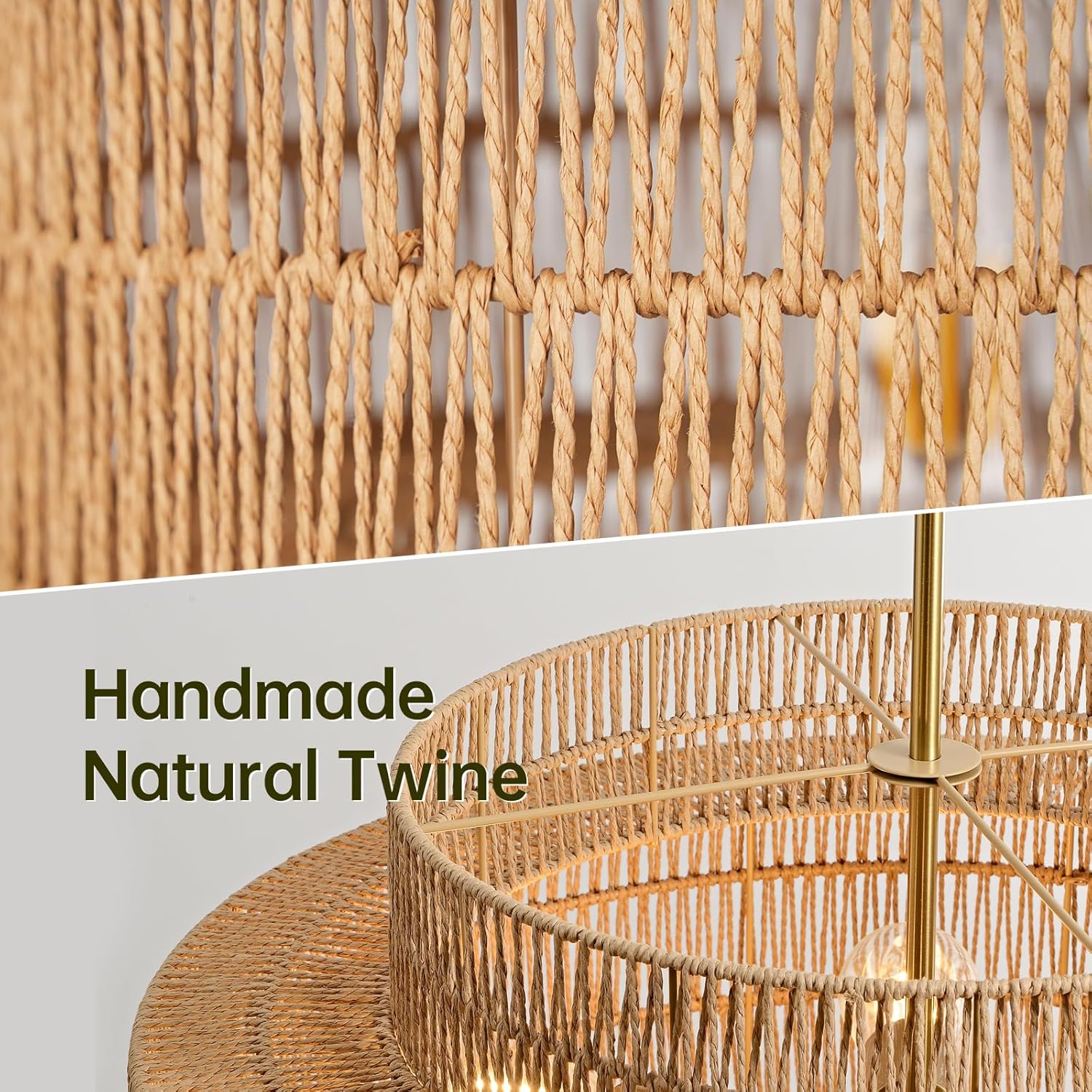 Boho Tiered Rattan Chandelier - Natural Woven Pendant Light, 6-Light E26 Fixture