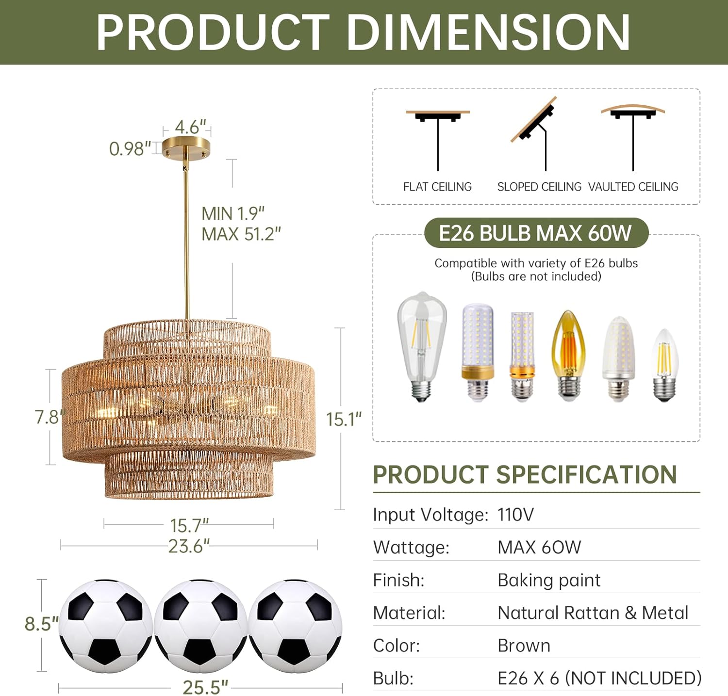 Boho Tiered Rattan Chandelier - Natural Woven Pendant Light, 6-Light E26 Fixture