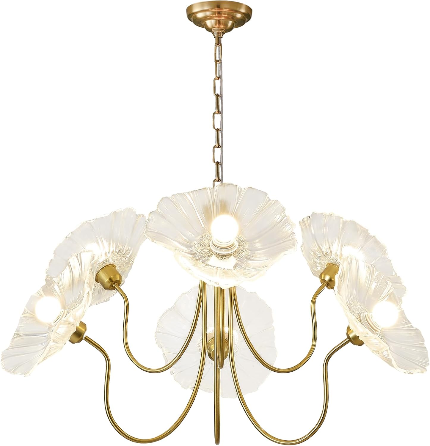 6-Light Clear Lotus Leaf Glass Chandelier – Elegant Gold Brass Pendant with Tri-Color Dimming