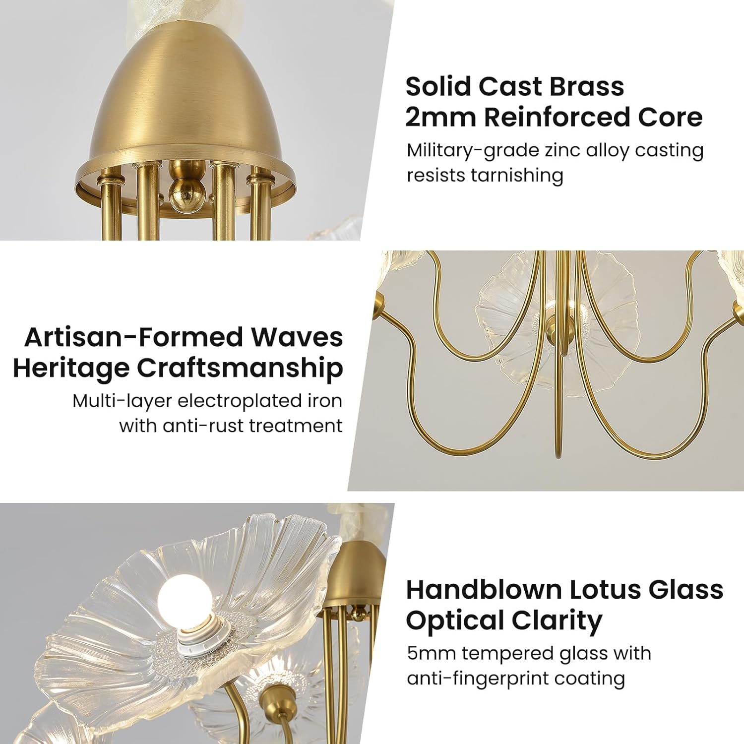 6-Light Clear Lotus Leaf Glass Chandelier – Elegant Gold Brass Pendant with Tri-Color Dimming