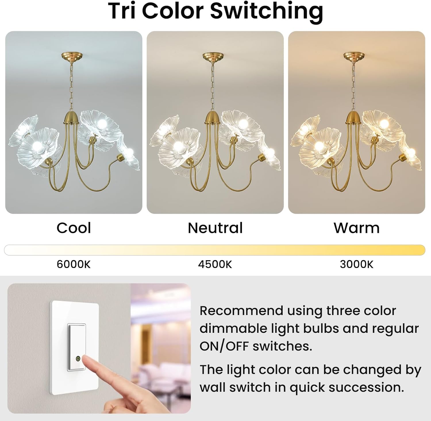 6-Light Clear Lotus Leaf Glass Chandelier – Elegant Gold Brass Pendant with Tri-Color Dimming