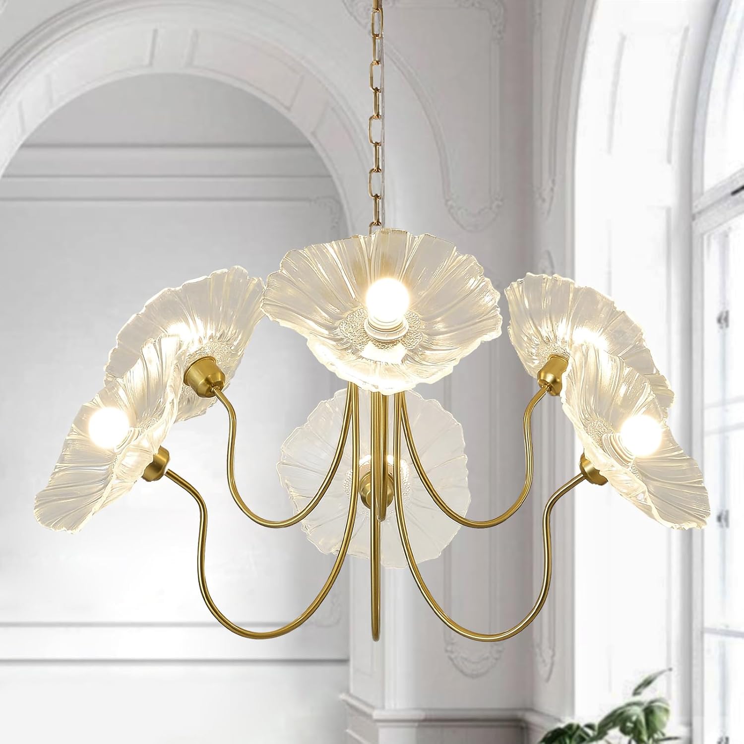 6-Light Clear Lotus Leaf Glass Chandelier – Elegant Gold Brass Pendant with Tri-Color Dimming
