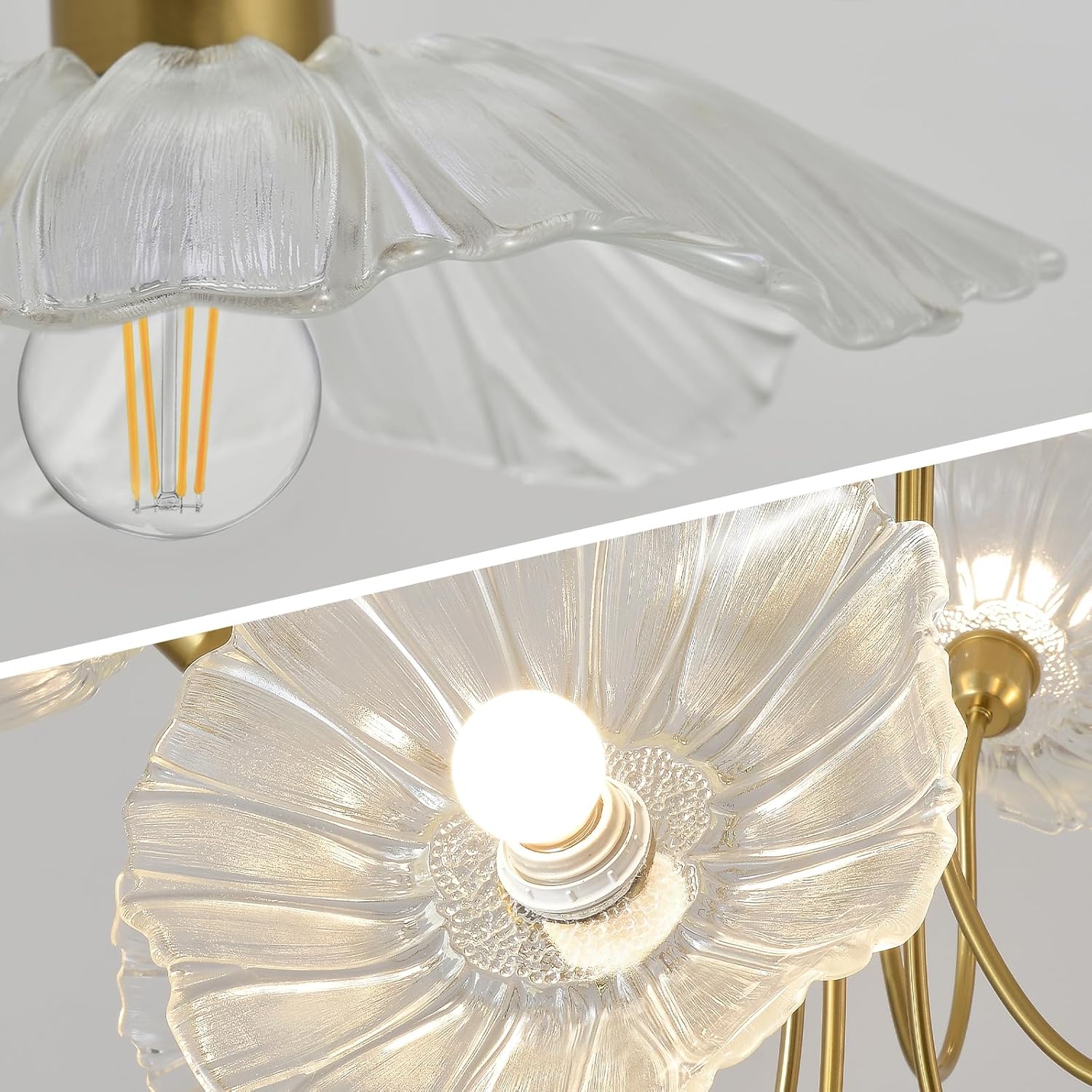 6-Light Clear Lotus Leaf Glass Chandelier – Elegant Gold Brass Pendant with Tri-Color Dimming