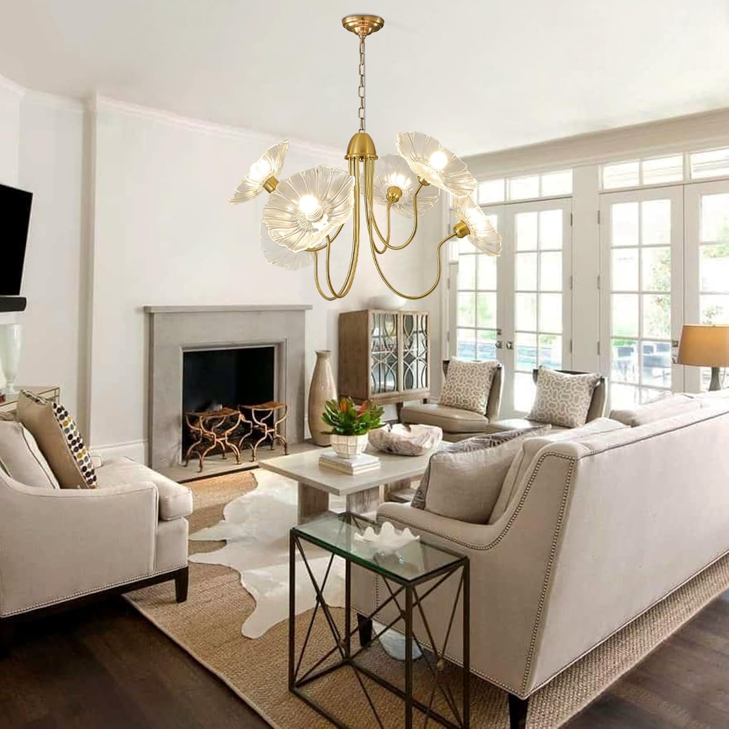 6-Light Clear Lotus Leaf Glass Chandelier – Elegant Gold Brass Pendant with Tri-Color Dimming