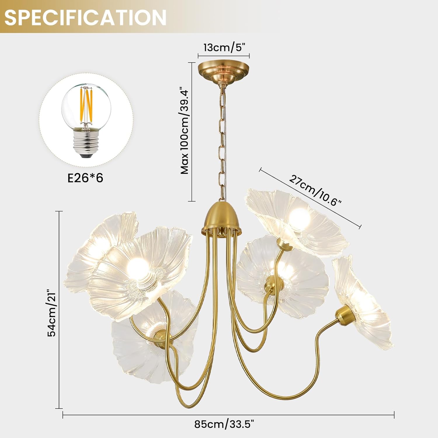 6-Light Clear Lotus Leaf Glass Chandelier – Elegant Gold Brass Pendant with Tri-Color Dimming