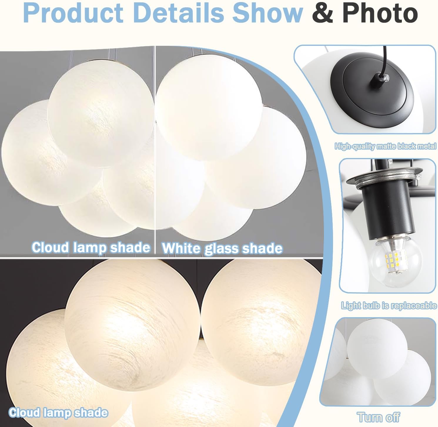 6-Light Adjustable Hanging Cloud Glass Pendant Light – Modern Black Ceiling Lamp