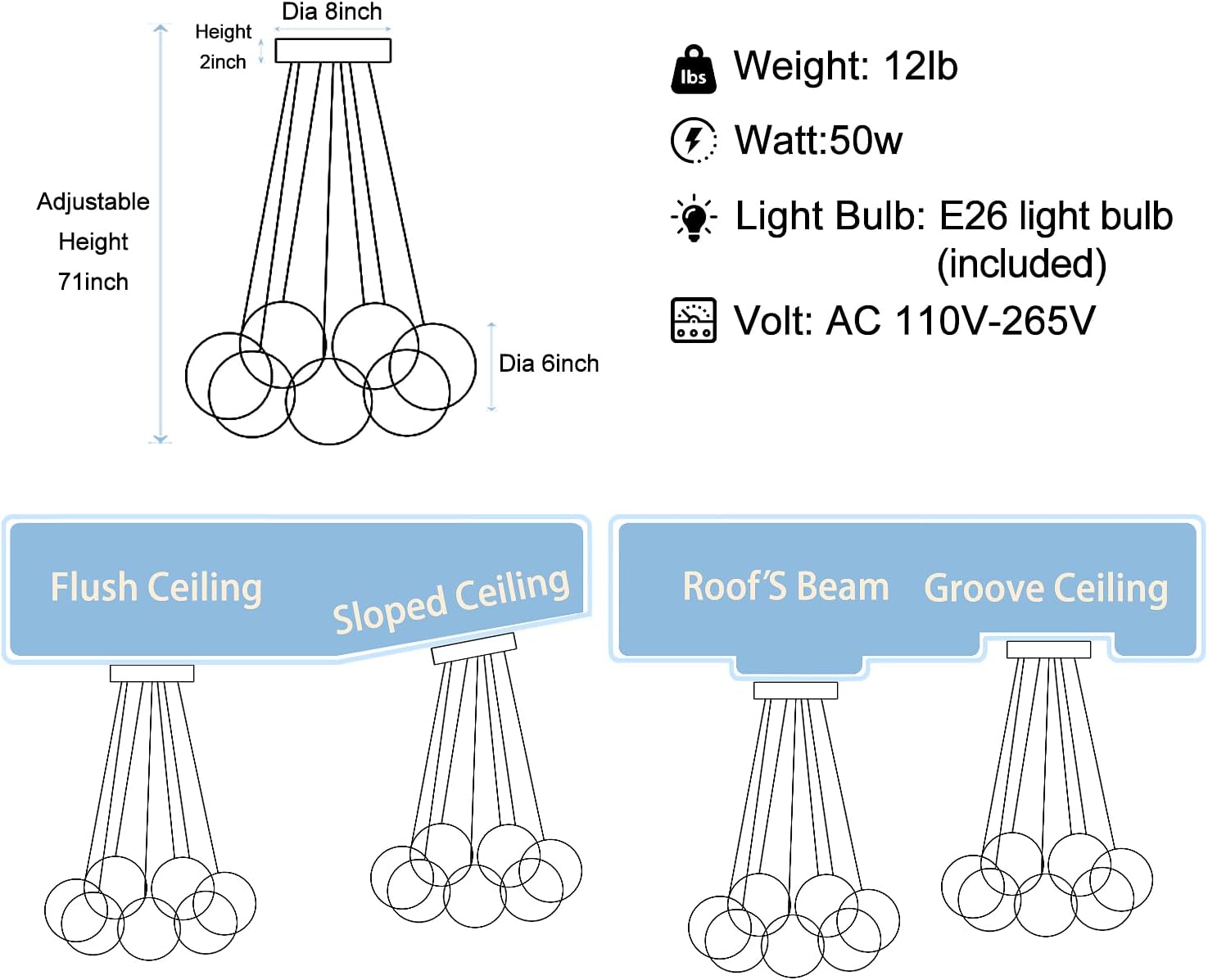6-Light Adjustable Hanging Cloud Glass Pendant Light – Modern Black Ceiling Lamp