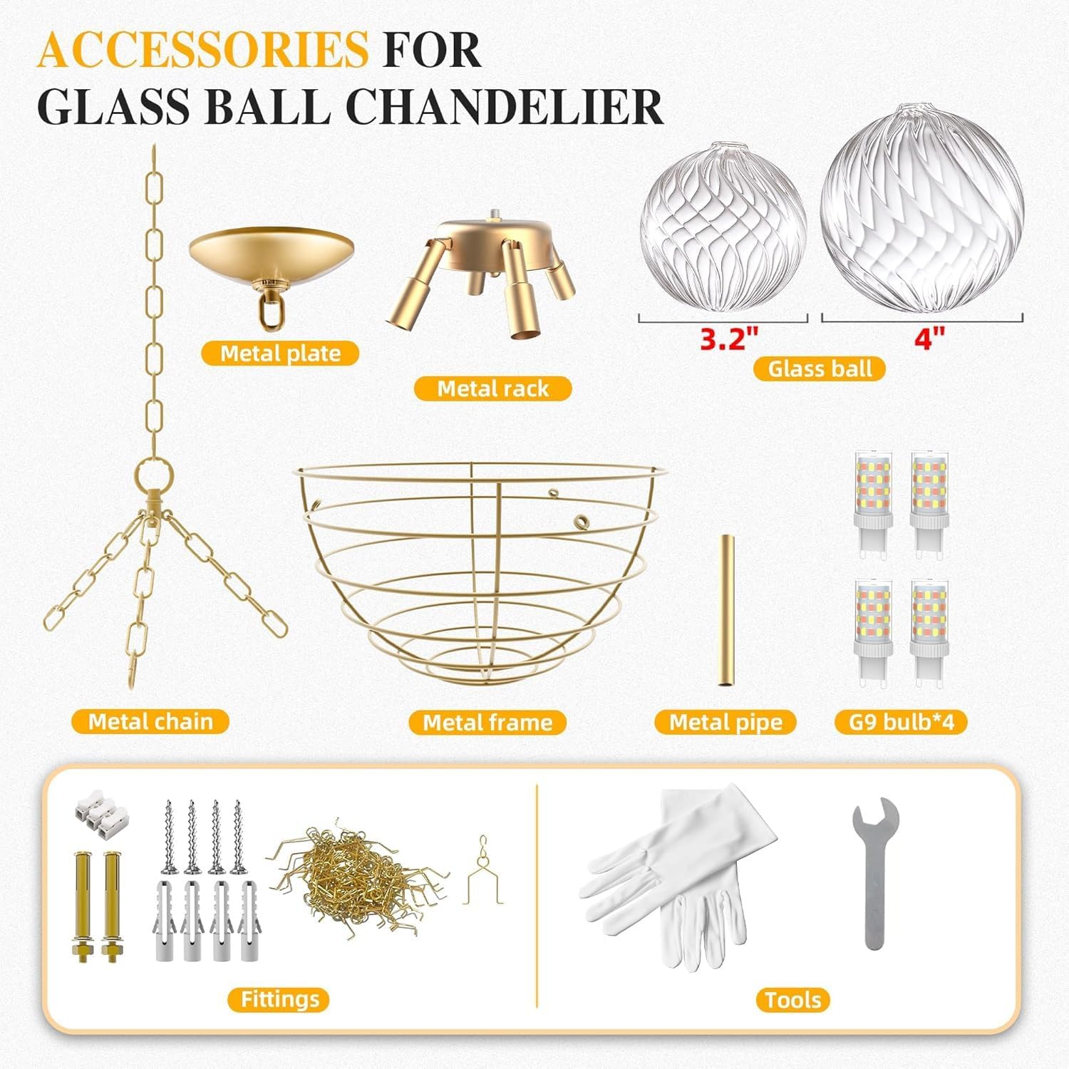 Modern Luxury Glass Ball Chandelier – Artistic 4-Light Cluster Pendant with Adjustable Chain, G9 Bulbs Included