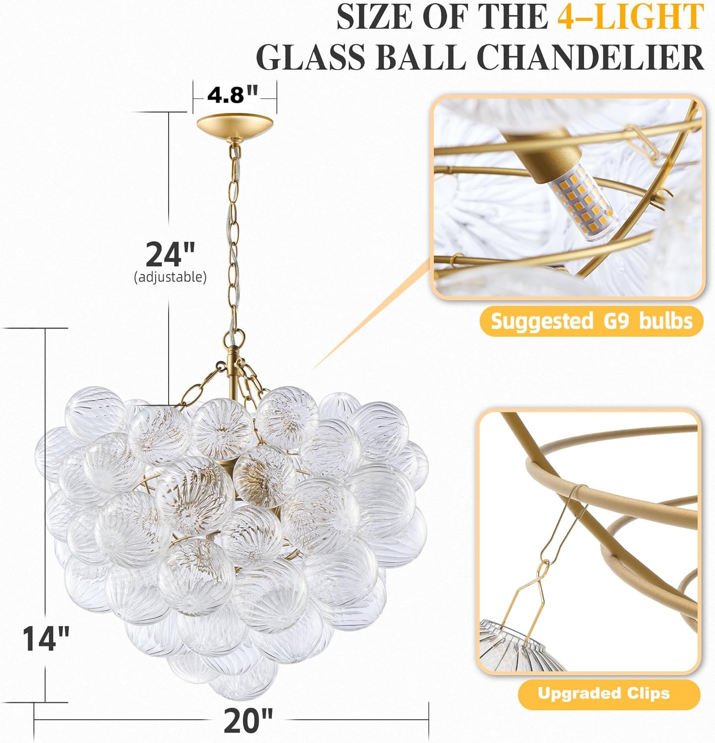 Modern Luxury Glass Ball Chandelier – Artistic 4-Light Cluster Pendant with Adjustable Chain, G9 Bulbs Included
