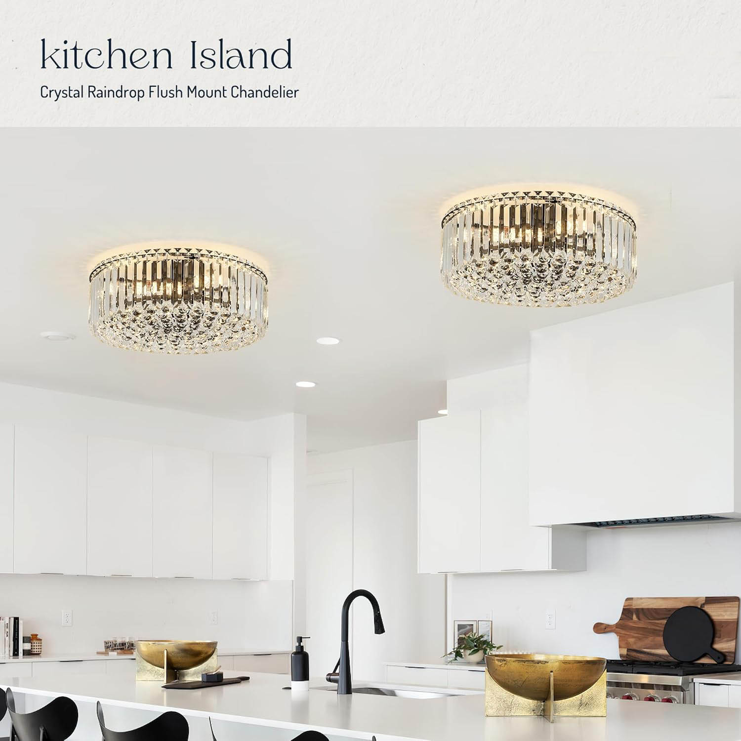 Crystal Raindrop Flush Mount Chandelier - 17.3'' Round Chrome Ceiling Light with K9 Crystals, E12 Base