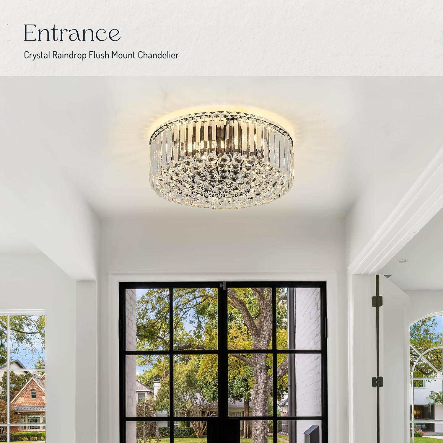 Crystal Raindrop Flush Mount Chandelier - 17.3'' Round Chrome Ceiling Light with K9 Crystals, E12 Base