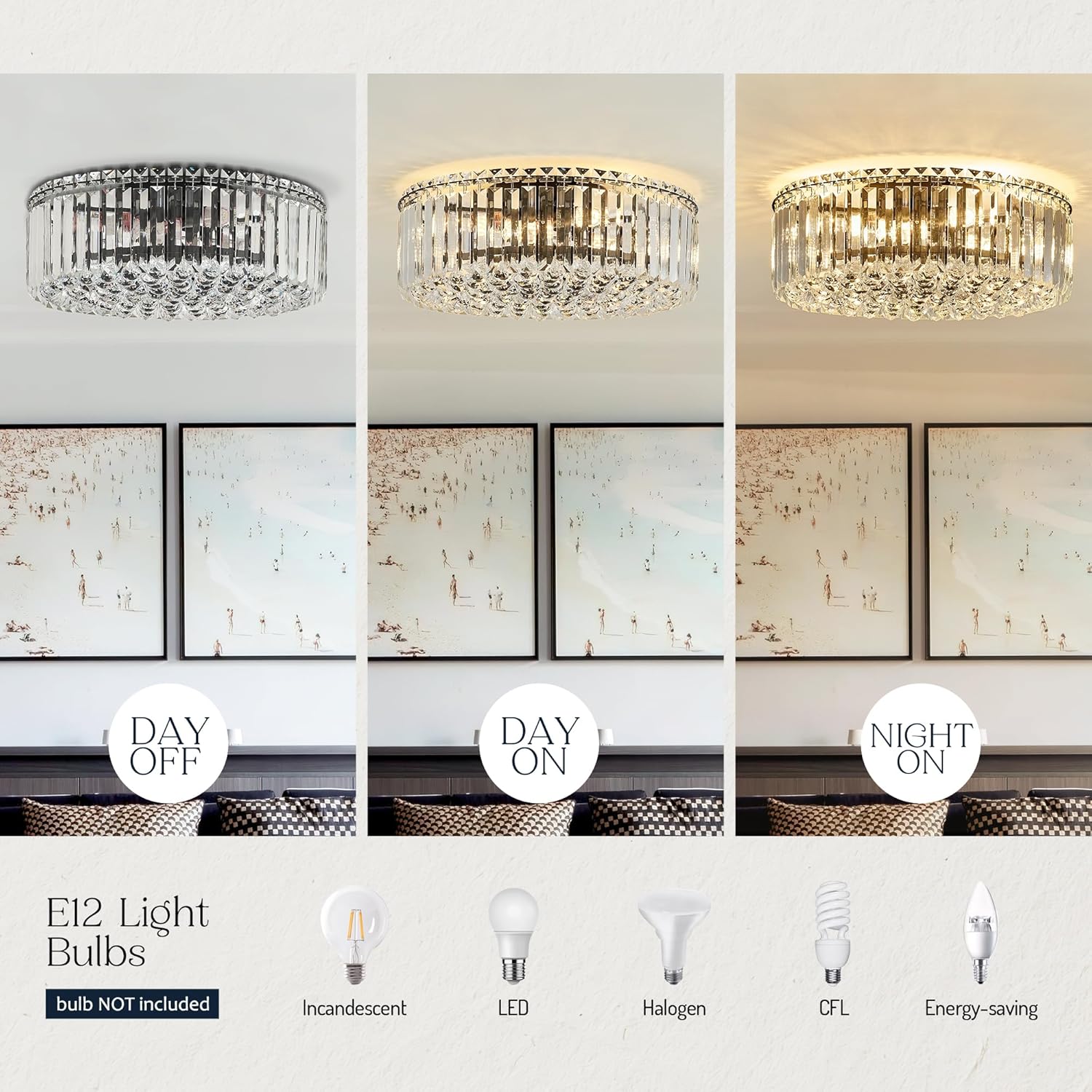 Crystal Raindrop Flush Mount Chandelier - 17.3'' Round Chrome Ceiling Light with K9 Crystals, E12 Base