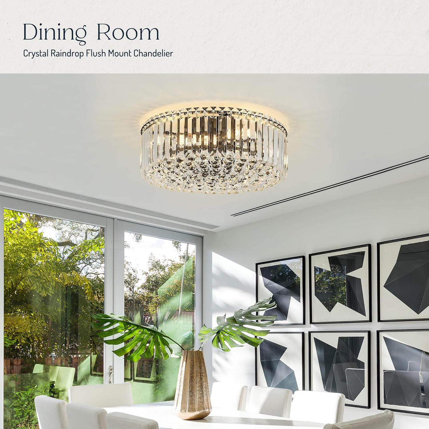 Crystal Raindrop Flush Mount Chandelier - 17.3'' Round Chrome Ceiling Light with K9 Crystals, E12 Base