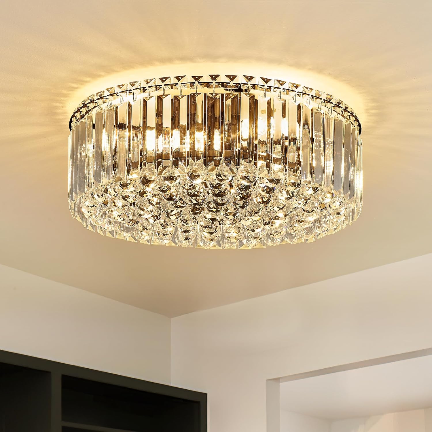 Crystal Raindrop Flush Mount Chandelier - 17.3'' Round Chrome Ceiling Light with K9 Crystals, E12 Base