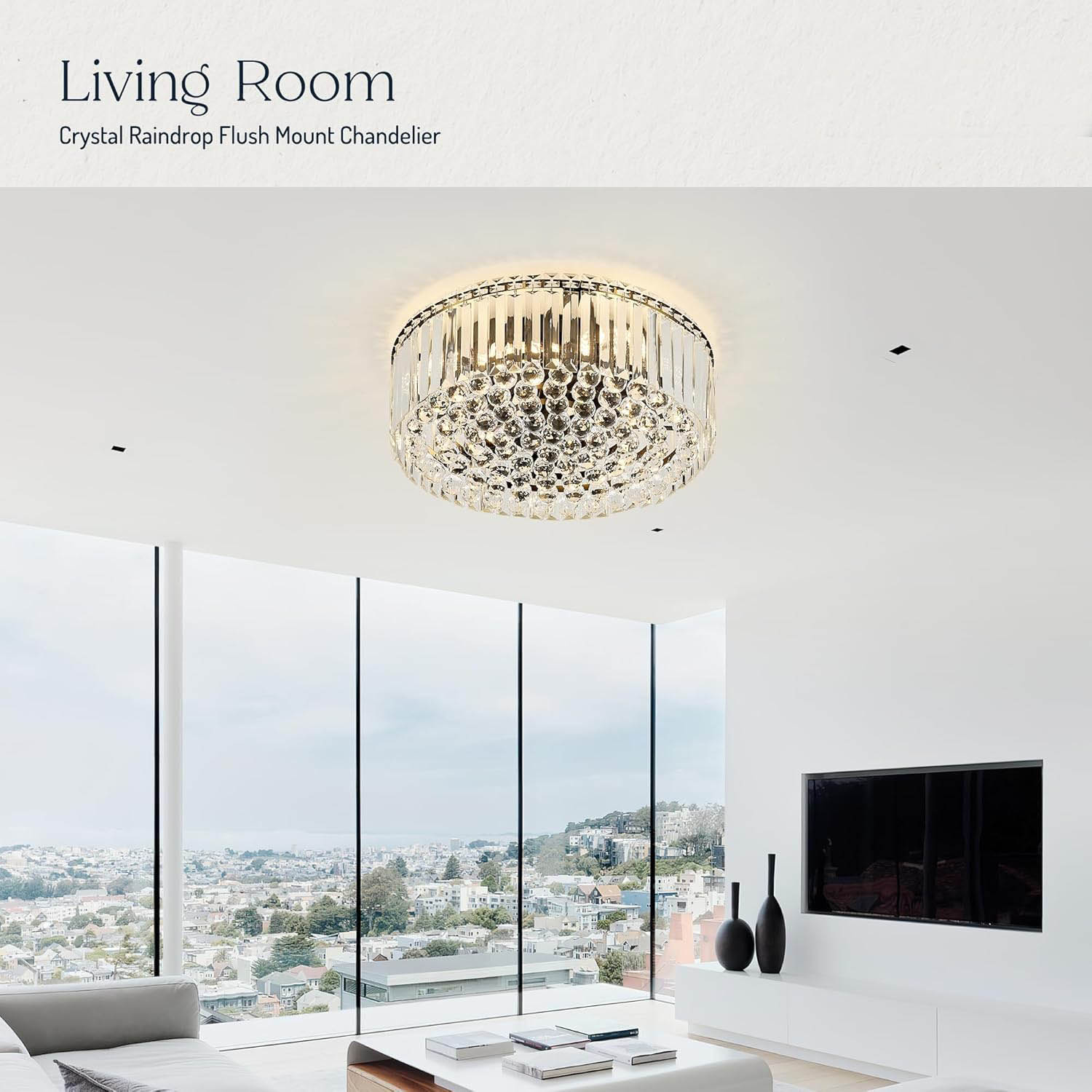 Crystal Raindrop Flush Mount Chandelier - 17.3'' Round Chrome Ceiling Light with K9 Crystals, E12 Base
