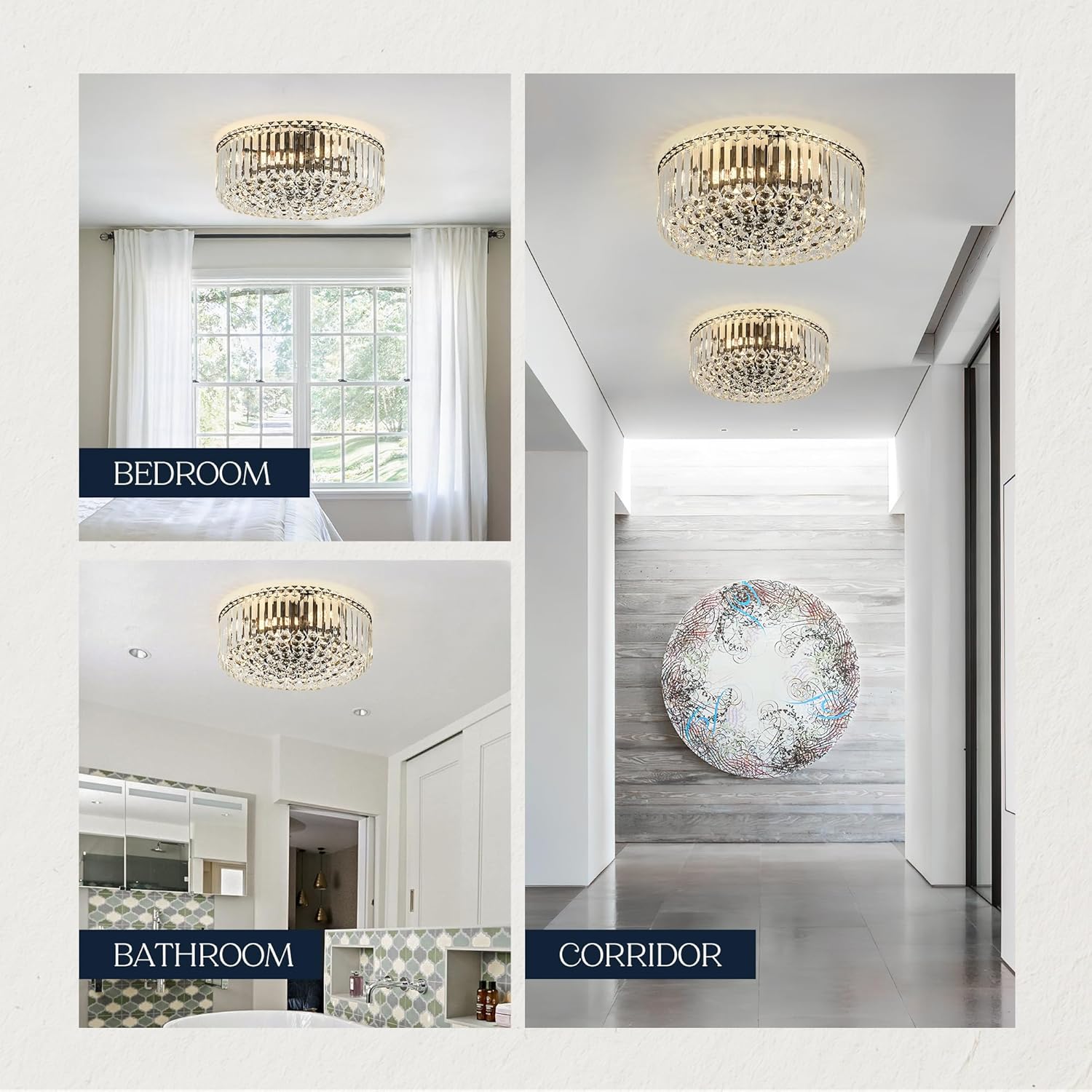 Crystal Raindrop Flush Mount Chandelier - 17.3'' Round Chrome Ceiling Light with K9 Crystals, E12 Base