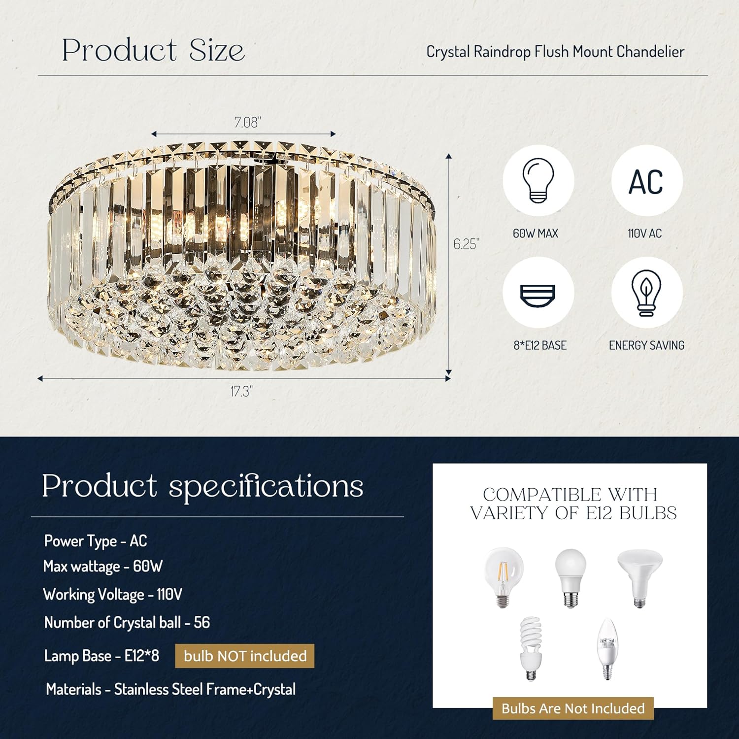 Crystal Raindrop Flush Mount Chandelier - 17.3'' Round Chrome Ceiling Light with K9 Crystals, E12 Base