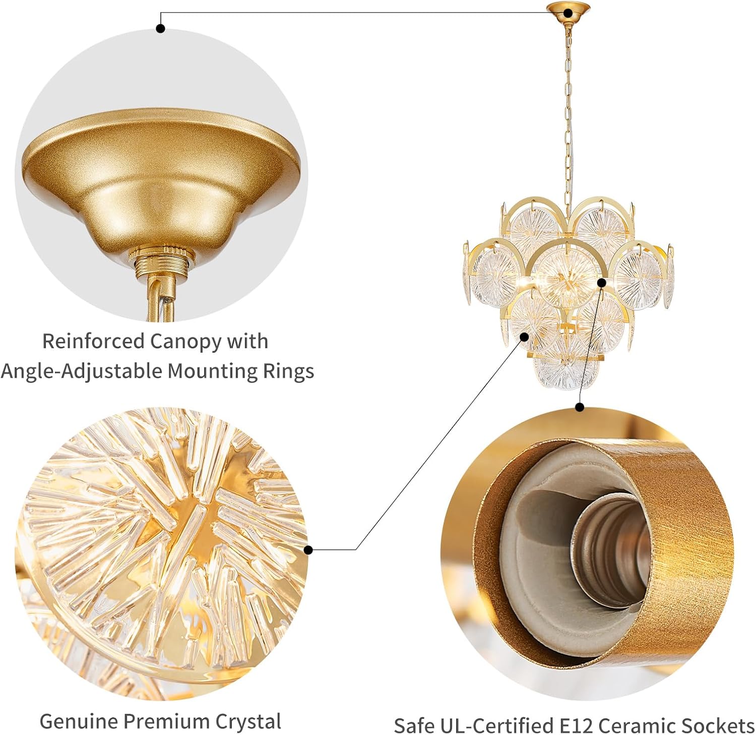 Modern Gold Crystal Chandelier 6-Light Round Luxury Pendant Ceiling Light Adjustable Height