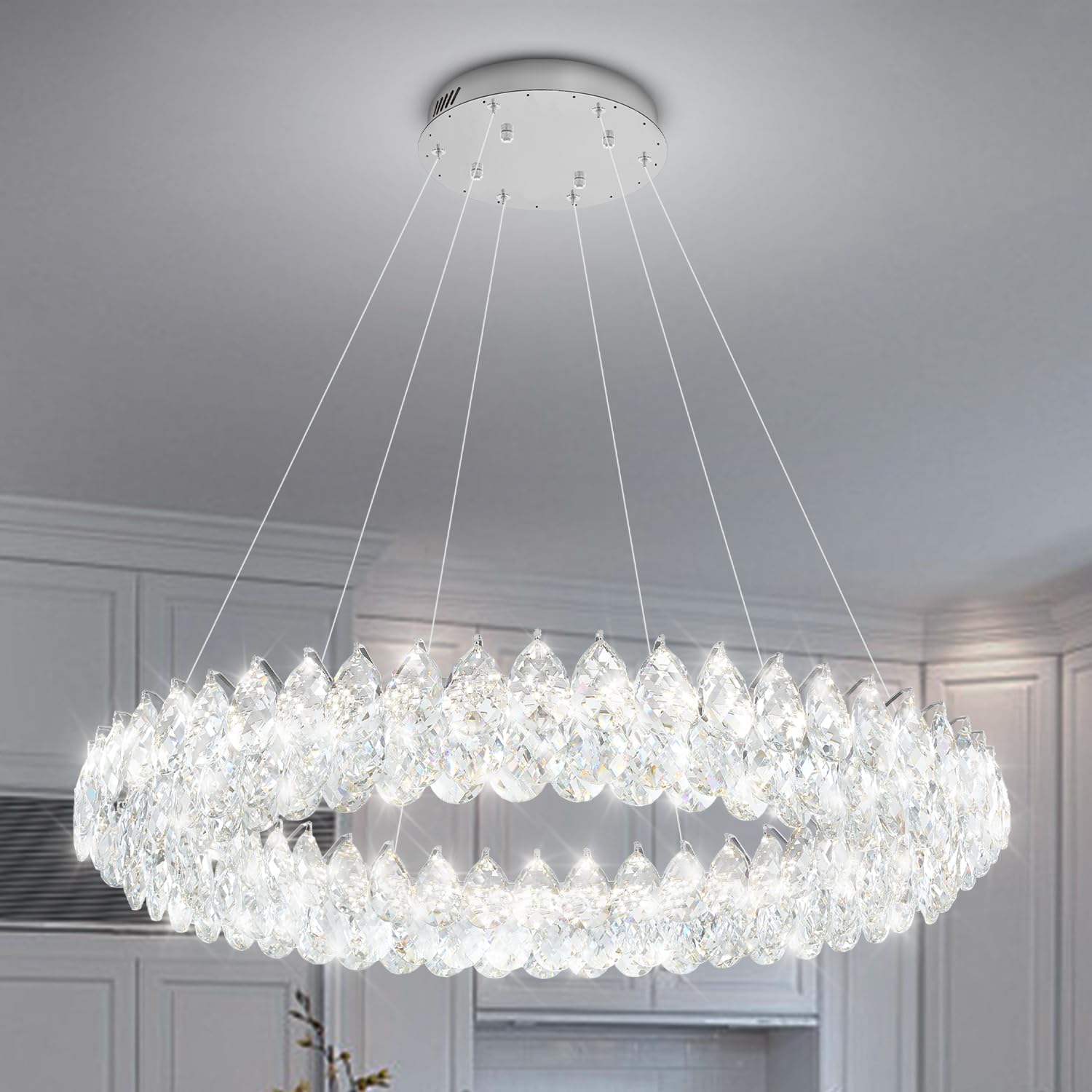 Luxury Modern Round Crystal LED Chandelier – Dimmable Adjustable Pendant Light for Villa, Hotel Lobby, Dining Room, 39
