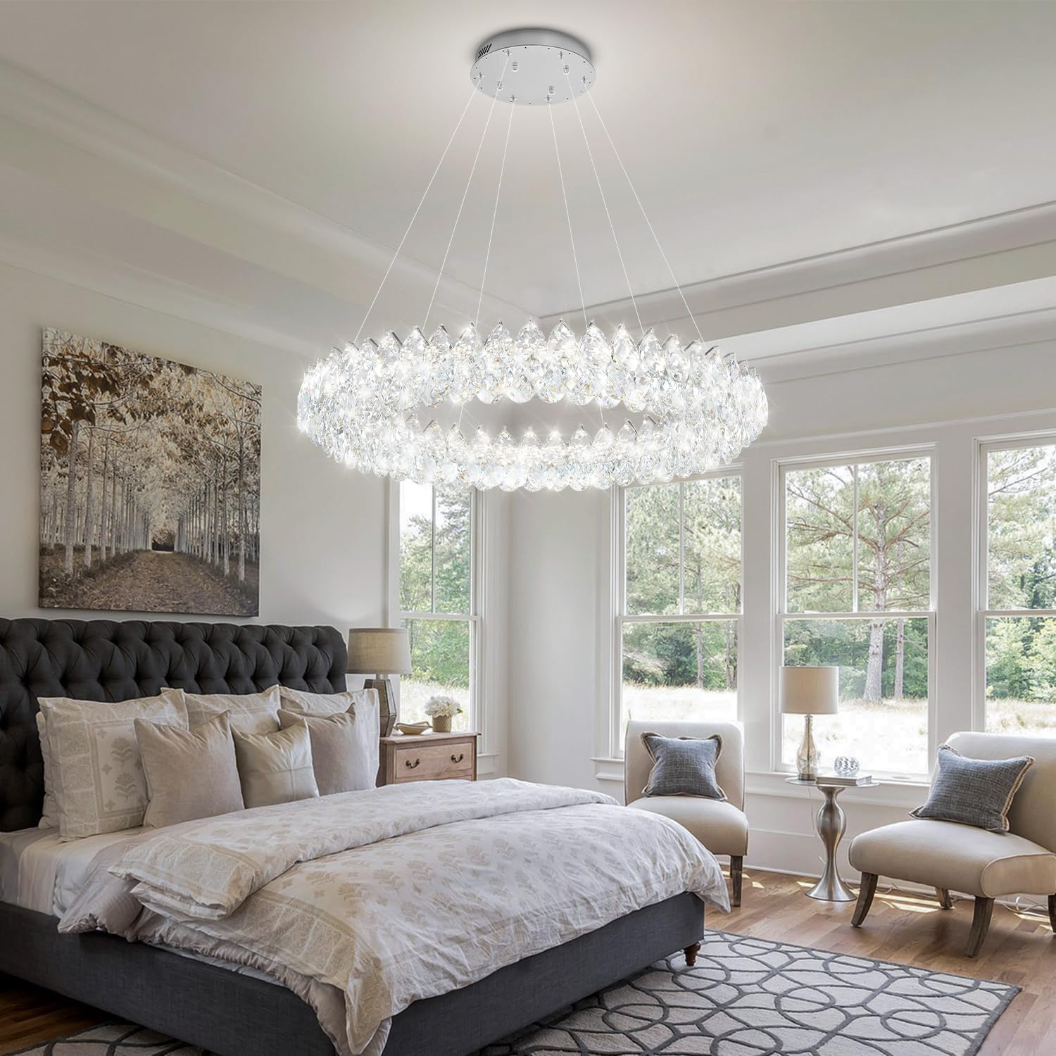 Luxury Modern Round Crystal LED Chandelier – Dimmable Adjustable Pendant Light for Villa, Hotel Lobby, Dining Room, 39