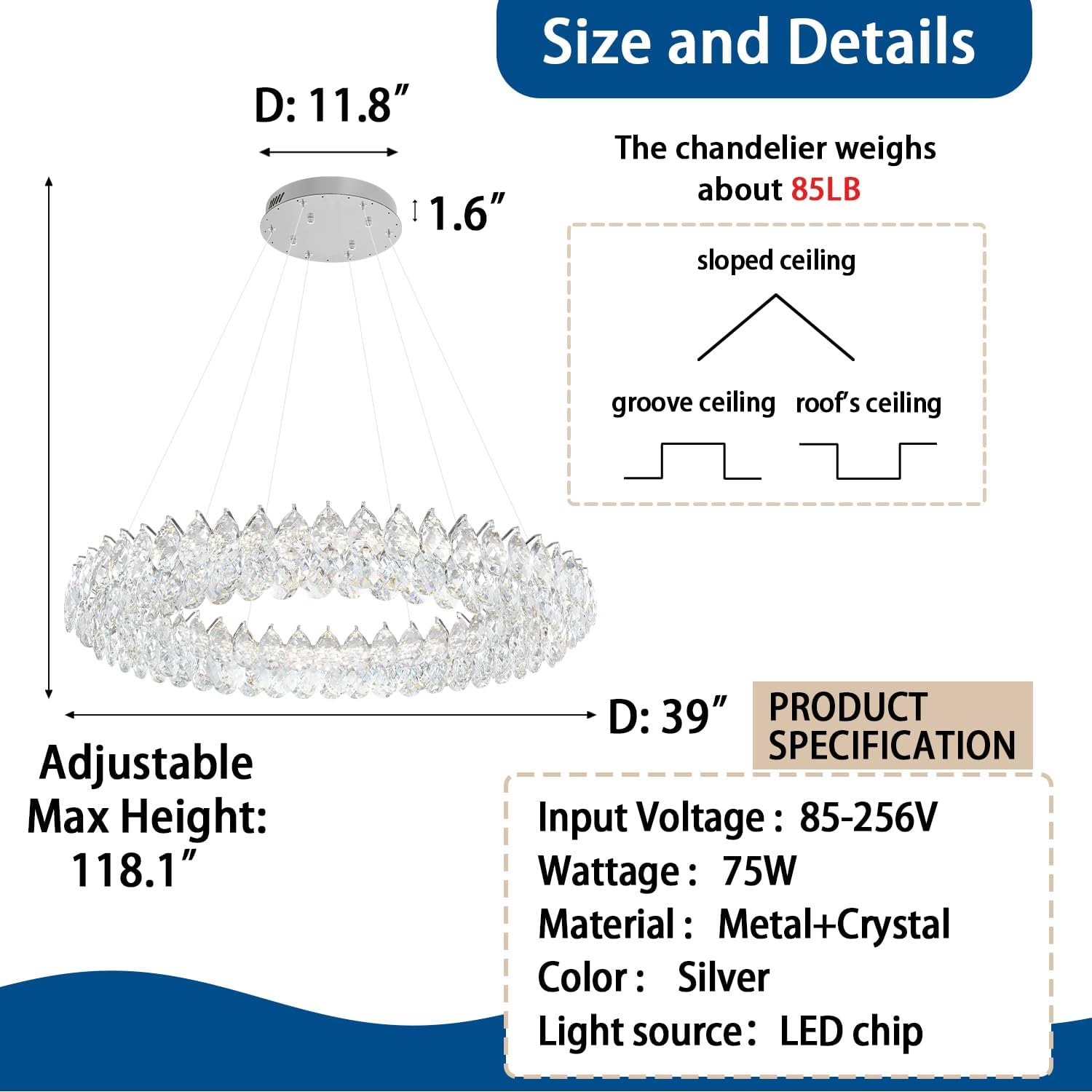 Luxury Modern Round Crystal LED Chandelier – Dimmable Adjustable Pendant Light for Villa, Hotel Lobby, Dining Room, 39