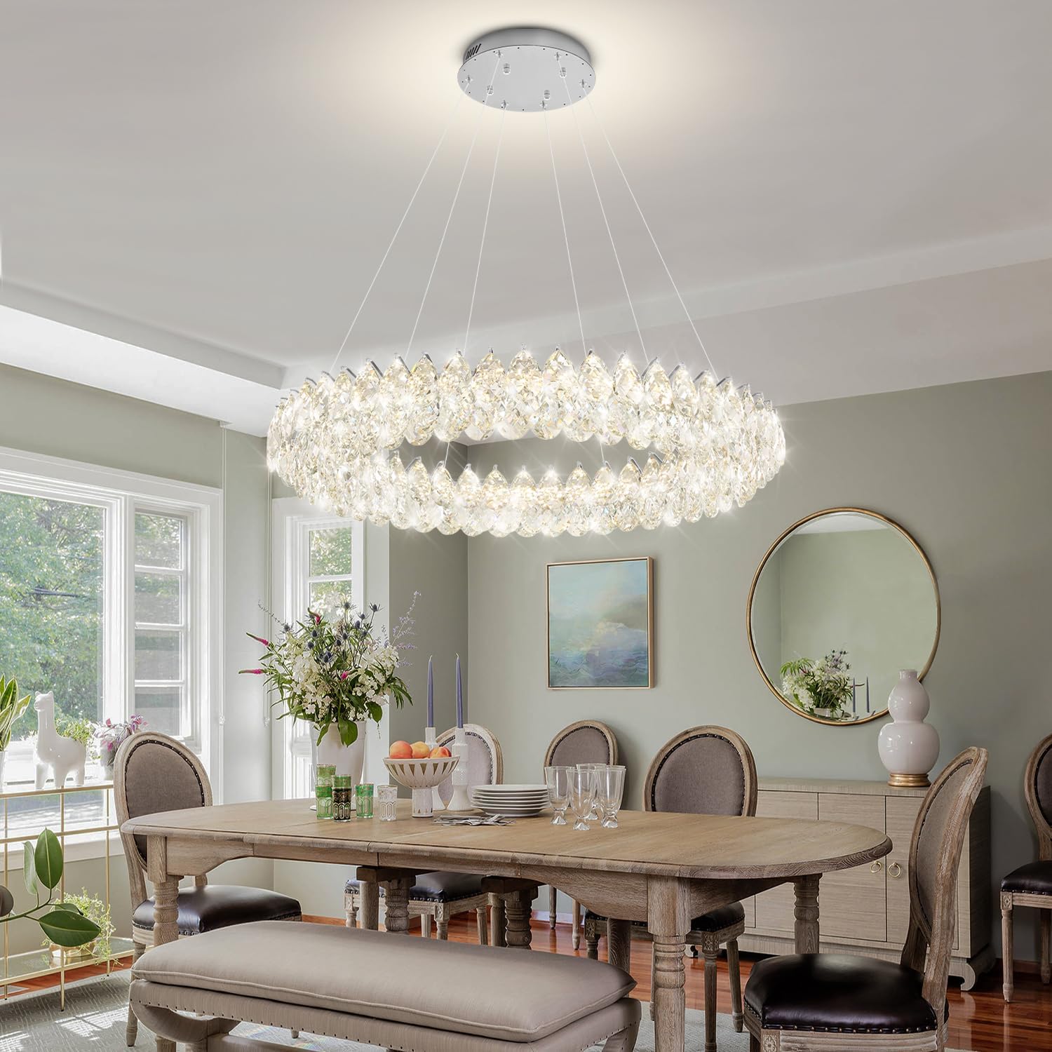 Luxury Modern Round Crystal LED Chandelier – Dimmable Adjustable Pendant Light for Villa, Hotel Lobby, Dining Room, 39