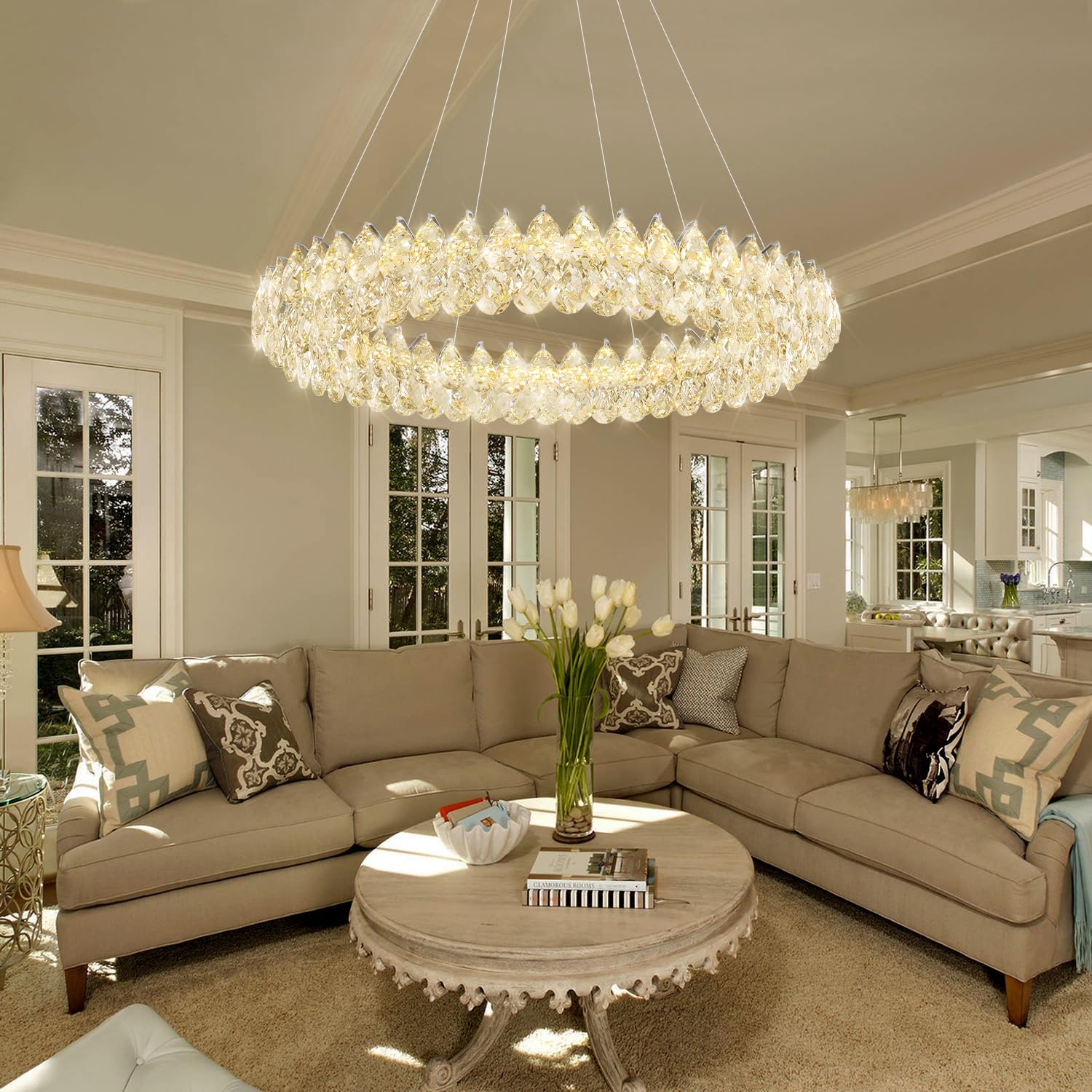 Luxury Modern Round Crystal LED Chandelier – Dimmable Adjustable Pendant Light for Villa, Hotel Lobby, Dining Room, 39