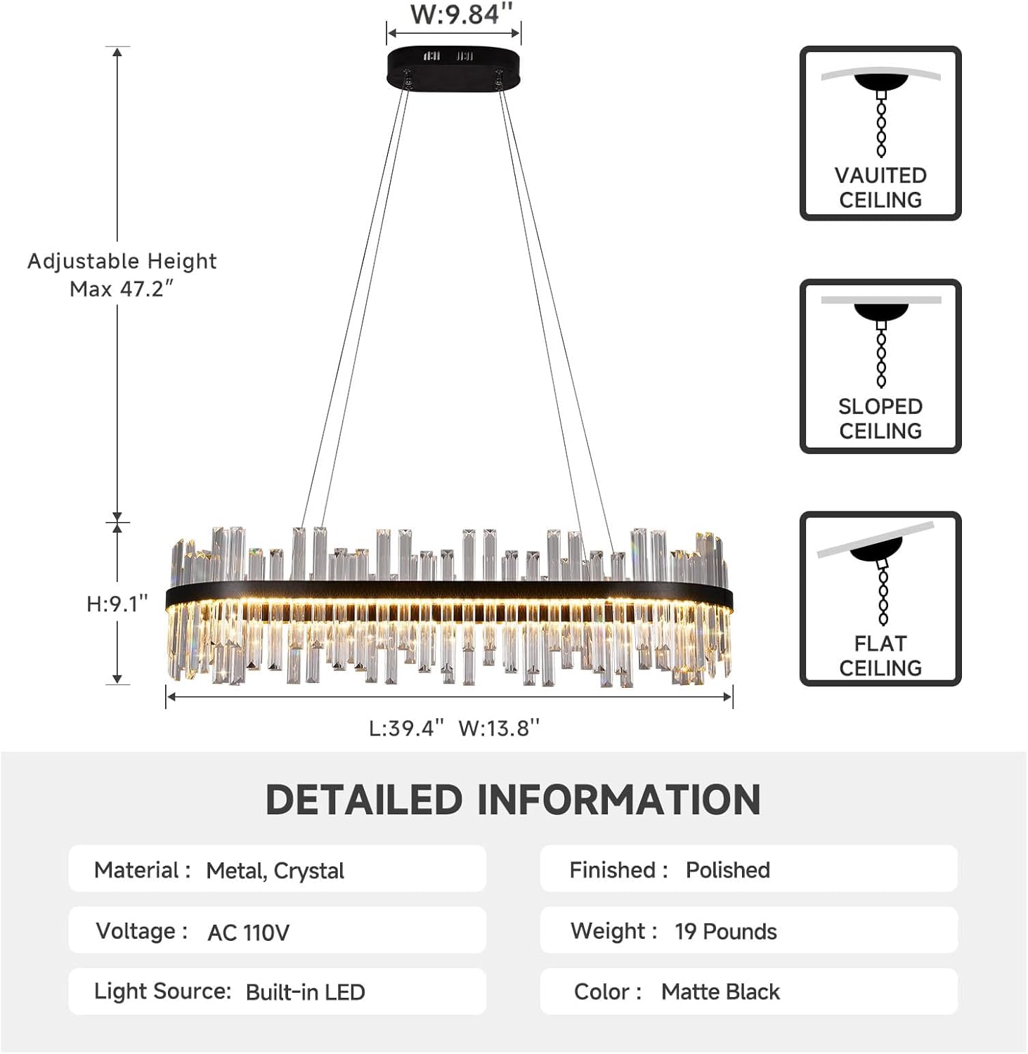 Modern Linear Crystal Chandelier with Remote – Dimmable LED Matte Black Pendant Light for Dining Room & Living Space