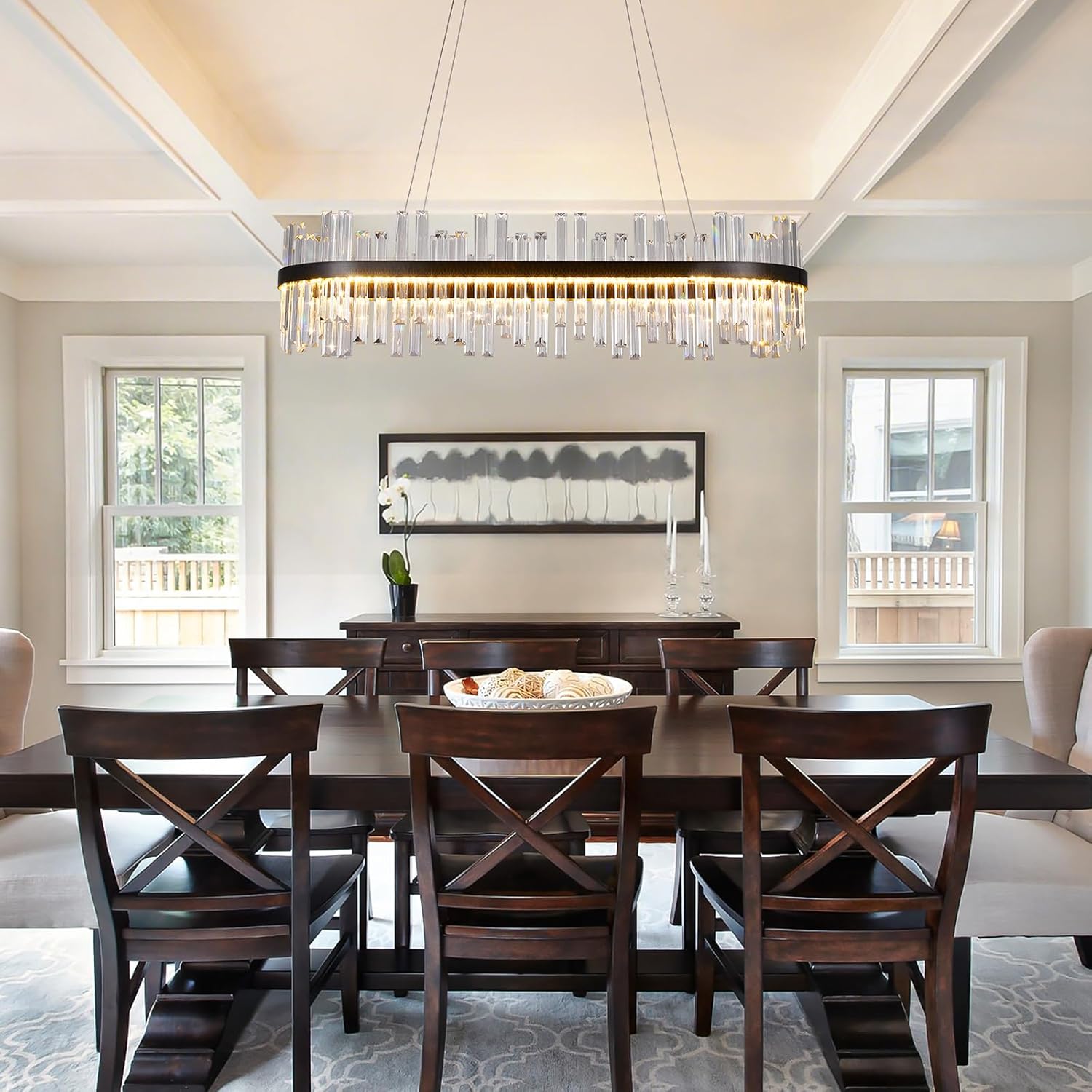 Modern Linear Crystal Chandelier with Remote – Dimmable LED Matte Black Pendant Light for Dining Room & Living Space