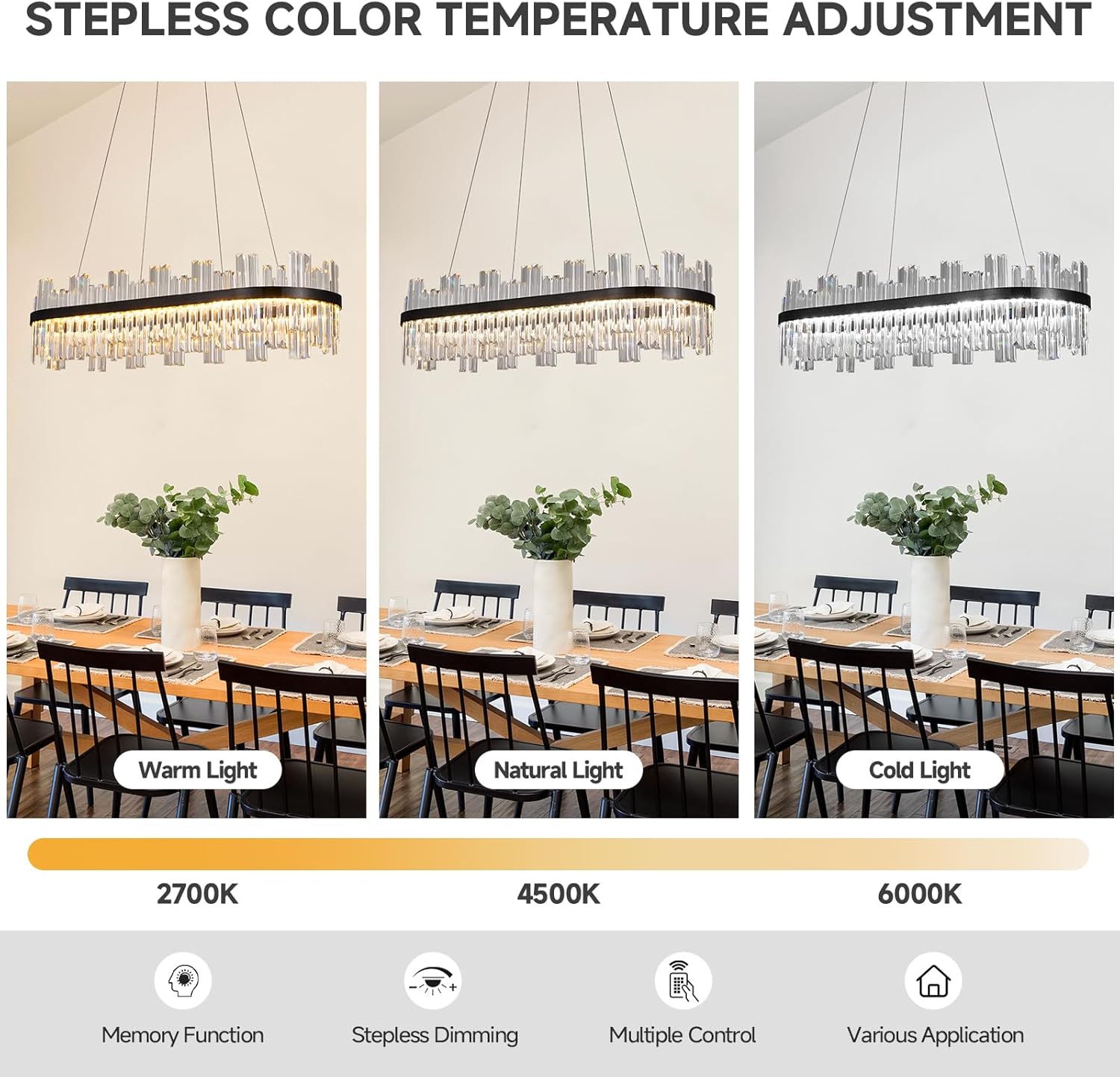 Modern Linear Crystal Chandelier with Remote – Dimmable LED Matte Black Pendant Light for Dining Room & Living Space