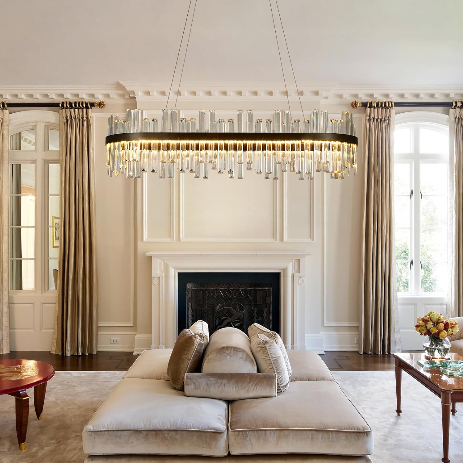 Modern Linear Crystal Chandelier with Remote – Dimmable LED Matte Black Pendant Light for Dining Room & Living Space